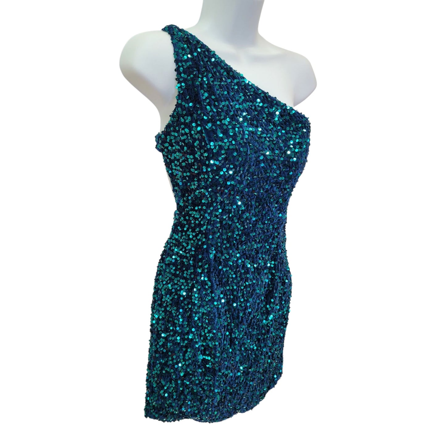 Women's Short One Shoulder Strappy Sequin Dress in Teal Blue