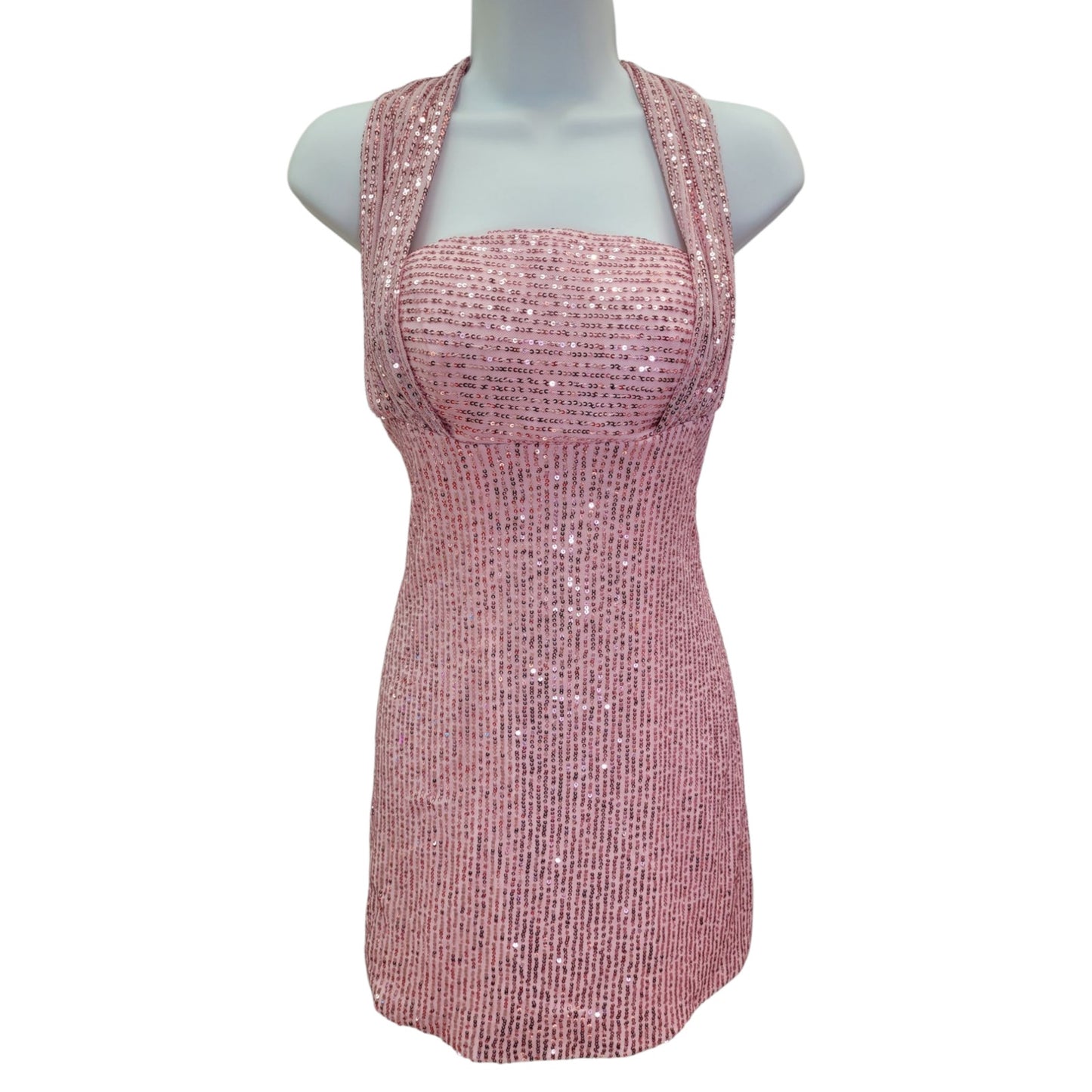 Women's Pink Short Sequin Halter Tie Dress