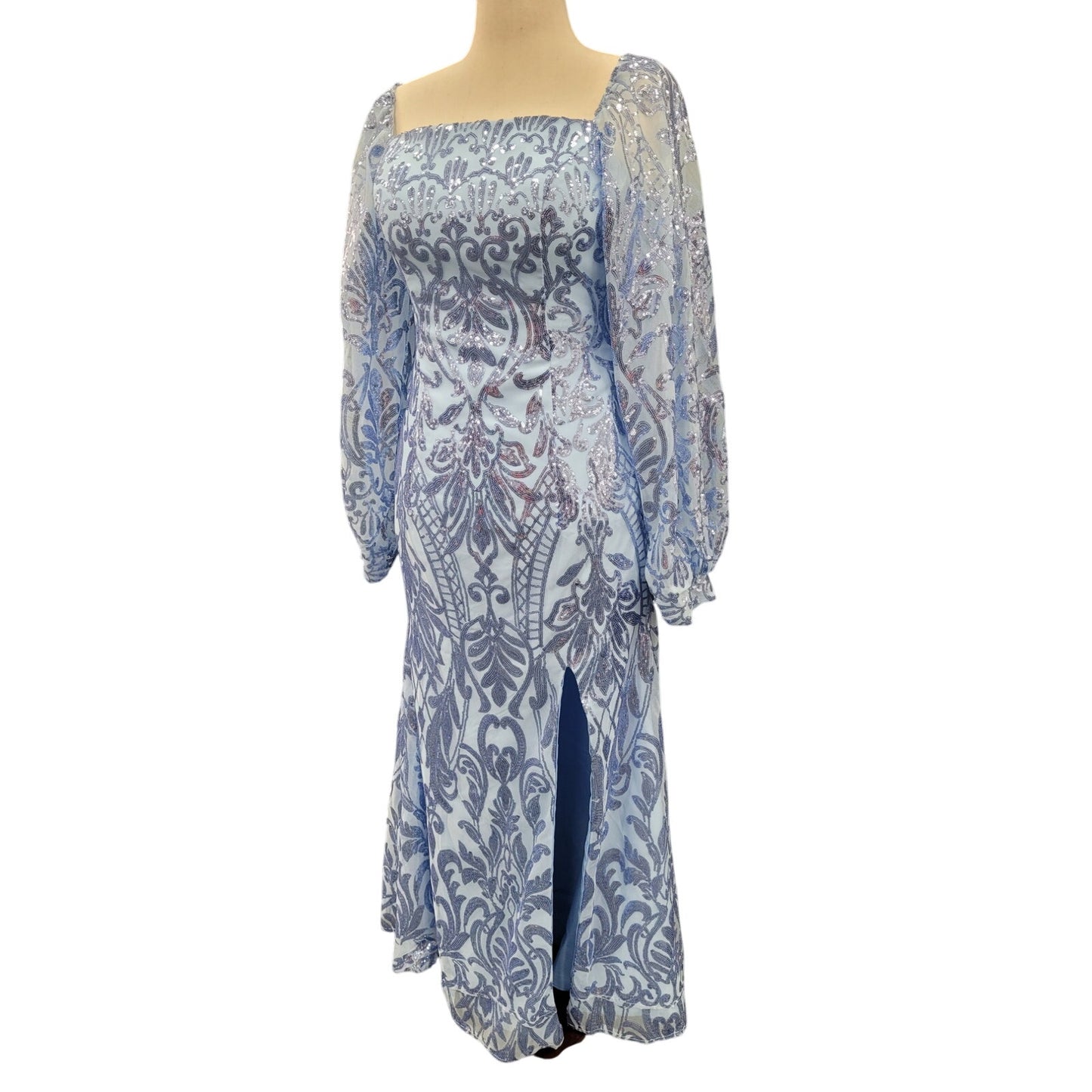 Long Sleeved Patterned Sequin Gown in Light Blue