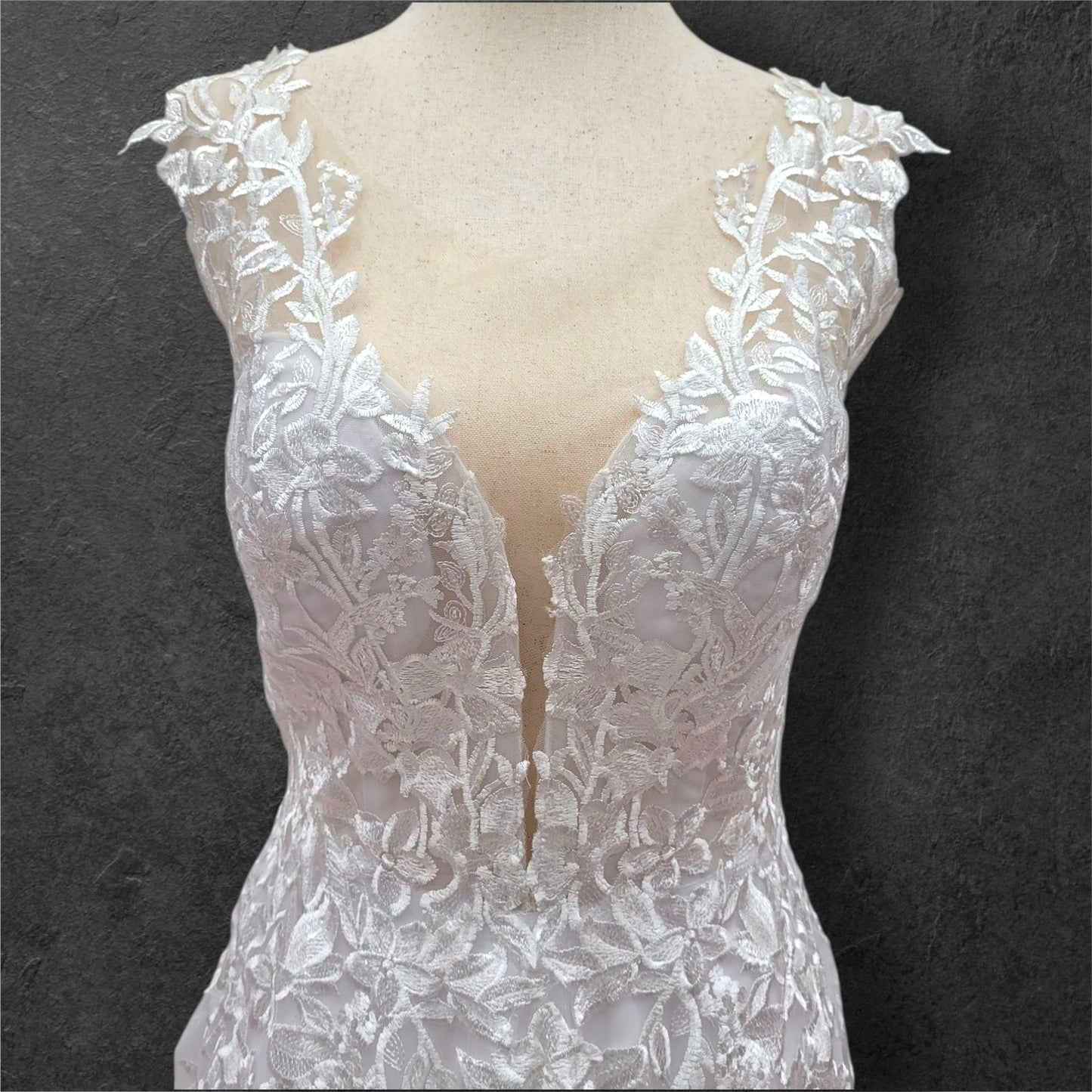 Embroidered A Line Wedding Dress with Deep V Mesh Neckline