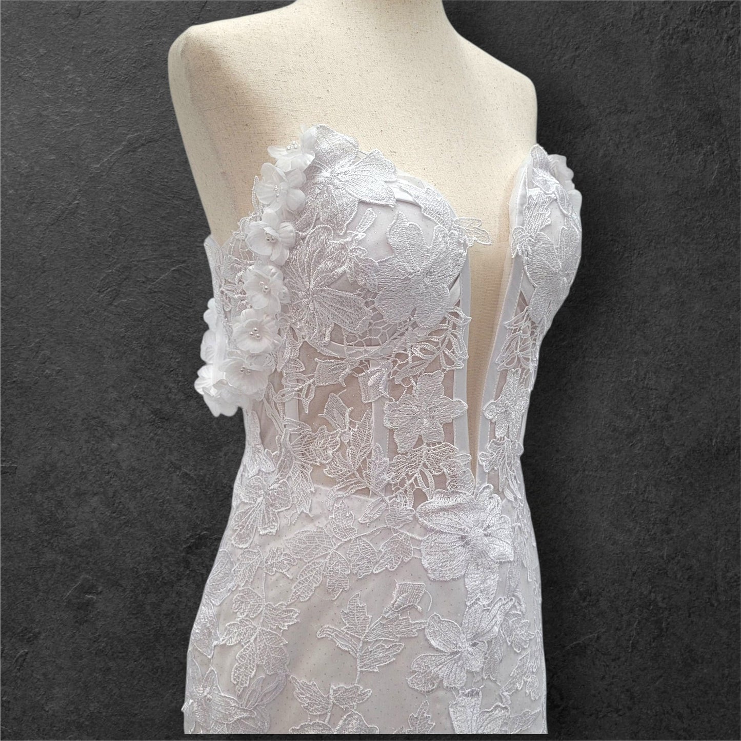 Fit n Flair Style Wedding Dress with Plunging V Neck and Train