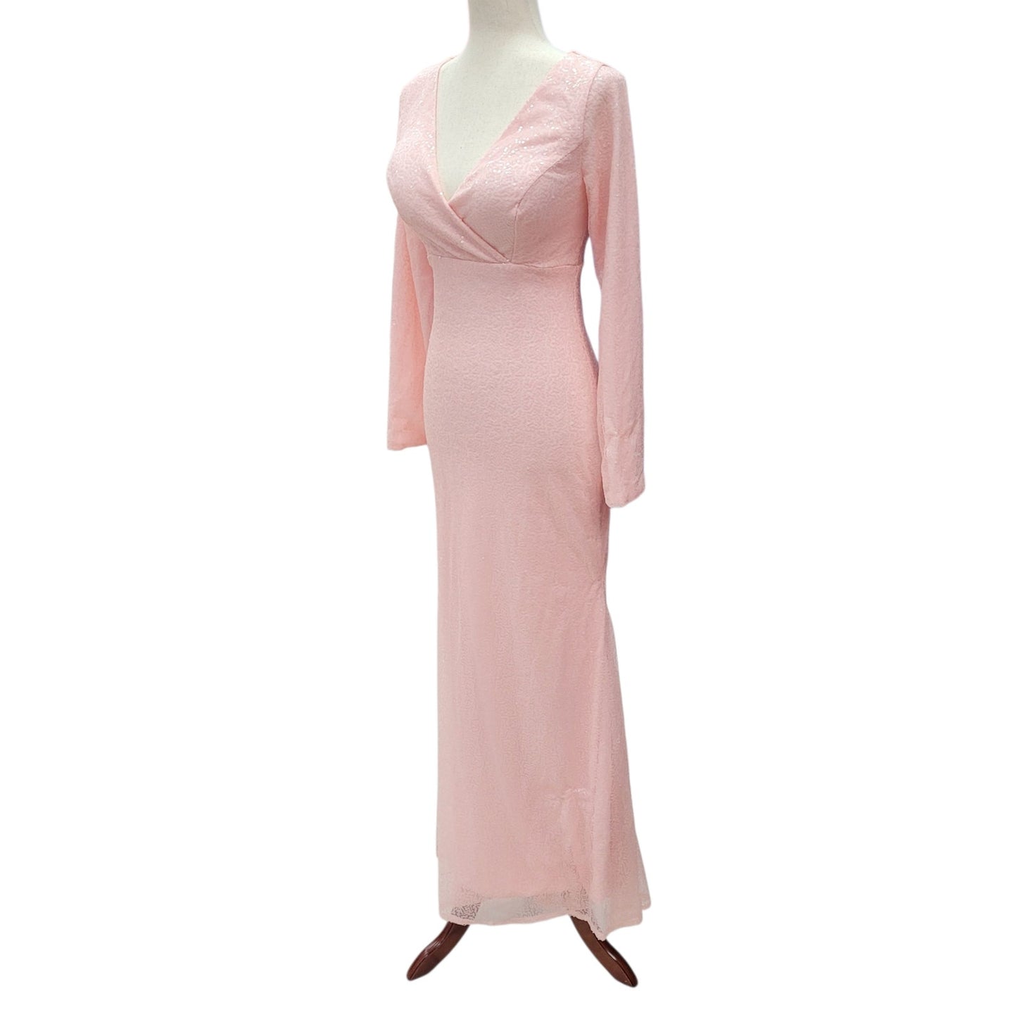 Light Pink Fitted Sequin Gown with Long Sleeves