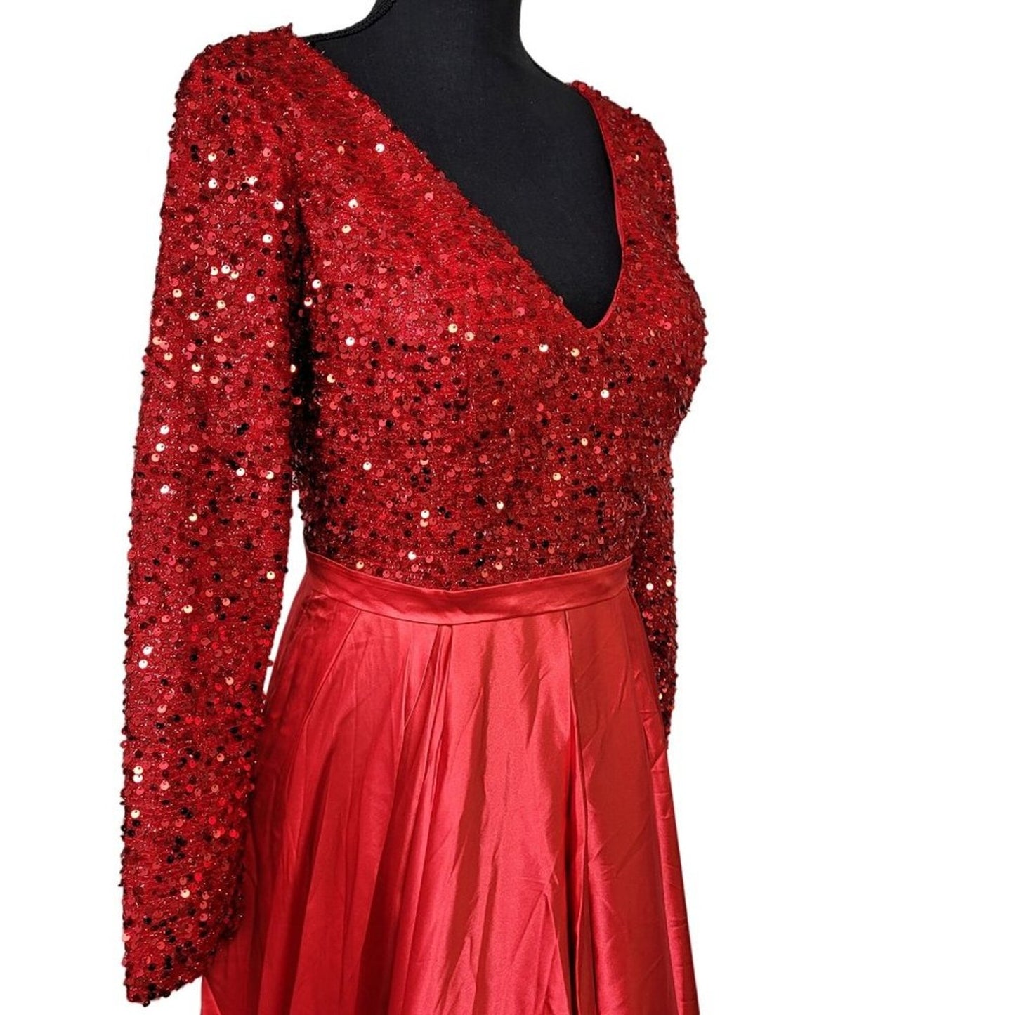 Bright Red Gala Gown with Sequin Bodice and Long Sleeves