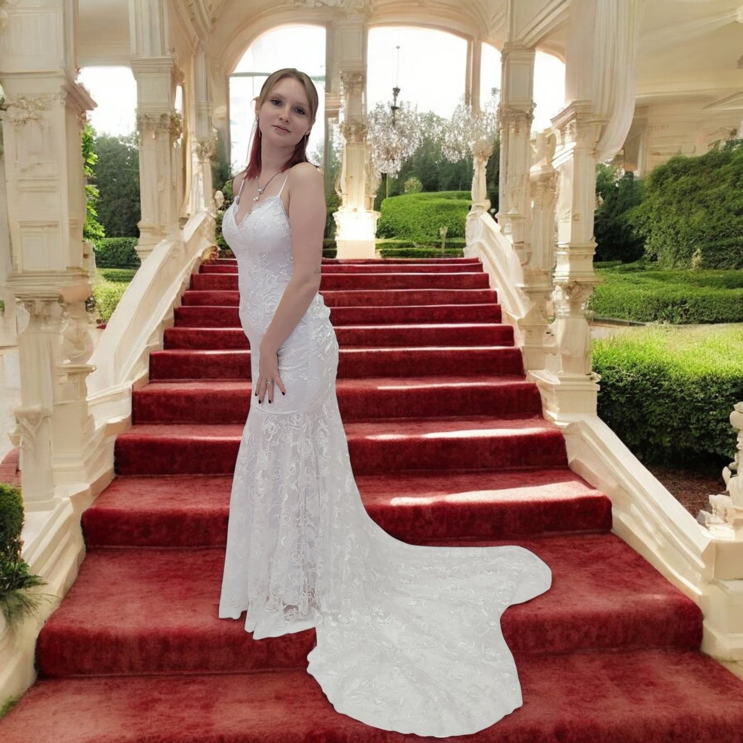 Beautiful Destination Wedding Dress with Rose Design and Low Back