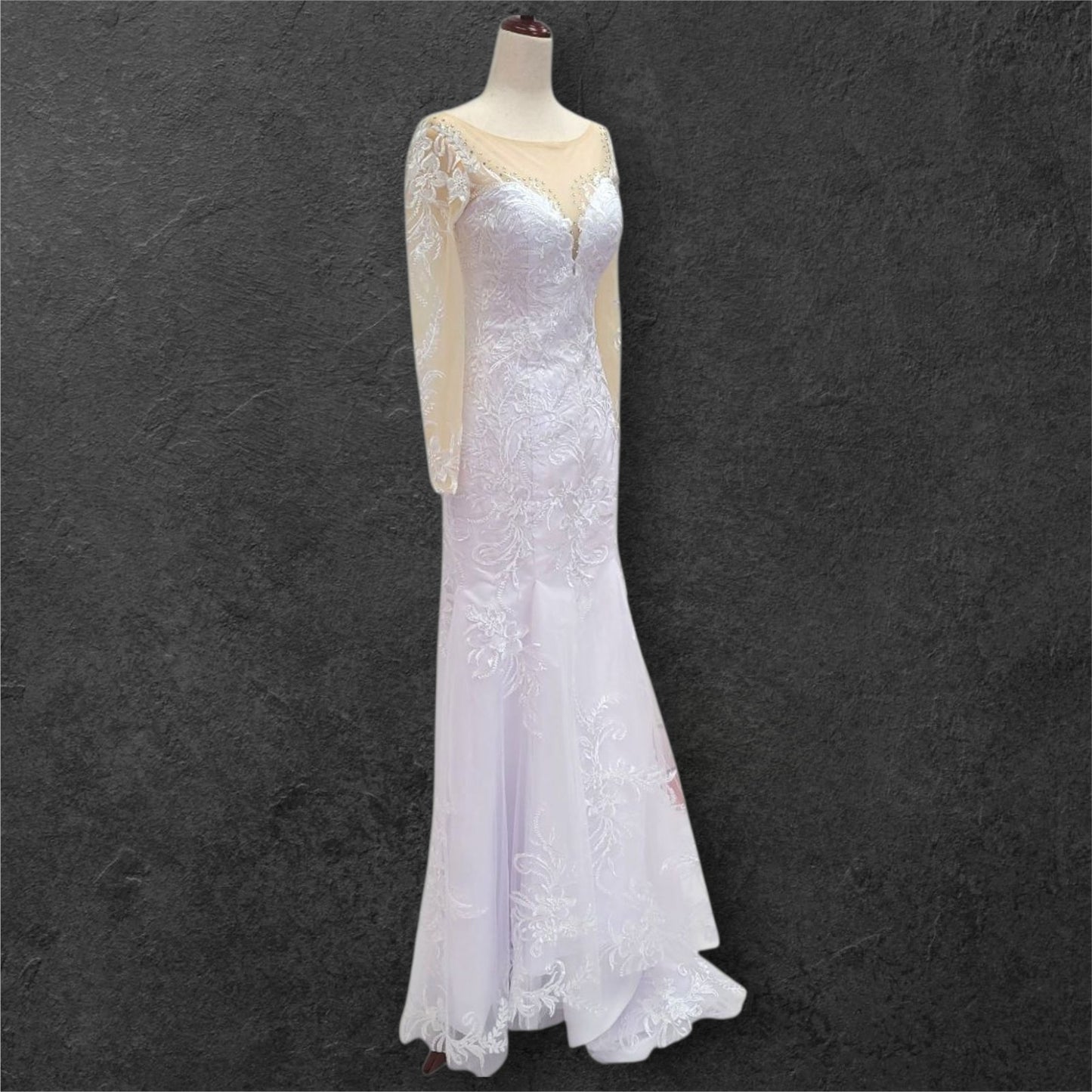 Fitted V Neck Wedding Dress with Long Mesh Sleeves with Lace