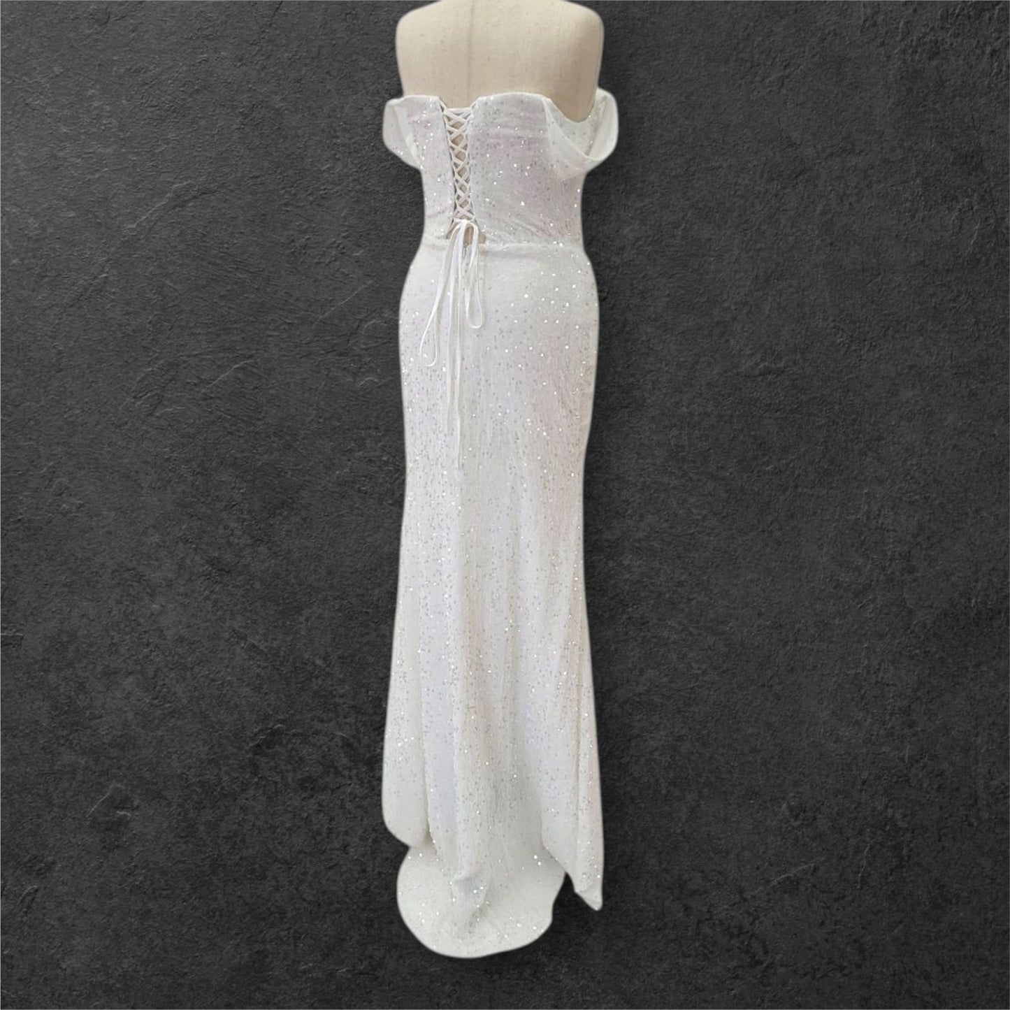 Hip Hugging Sequin Wedding Dress with Off Shoulder Sleeves and Corset Back