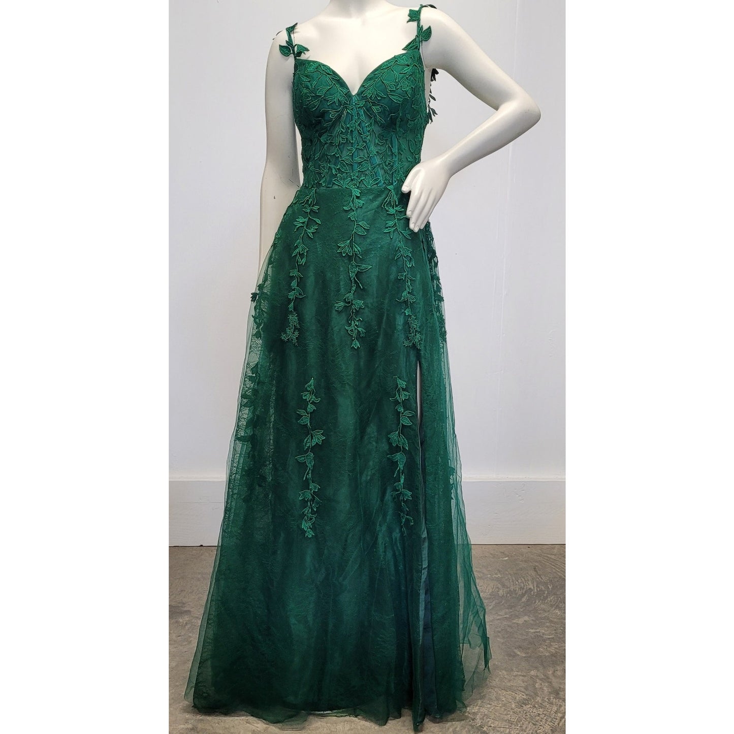 Vine Dress with Semi-Sheer Bodice Corset Back Tulle Skirt Evergreen
