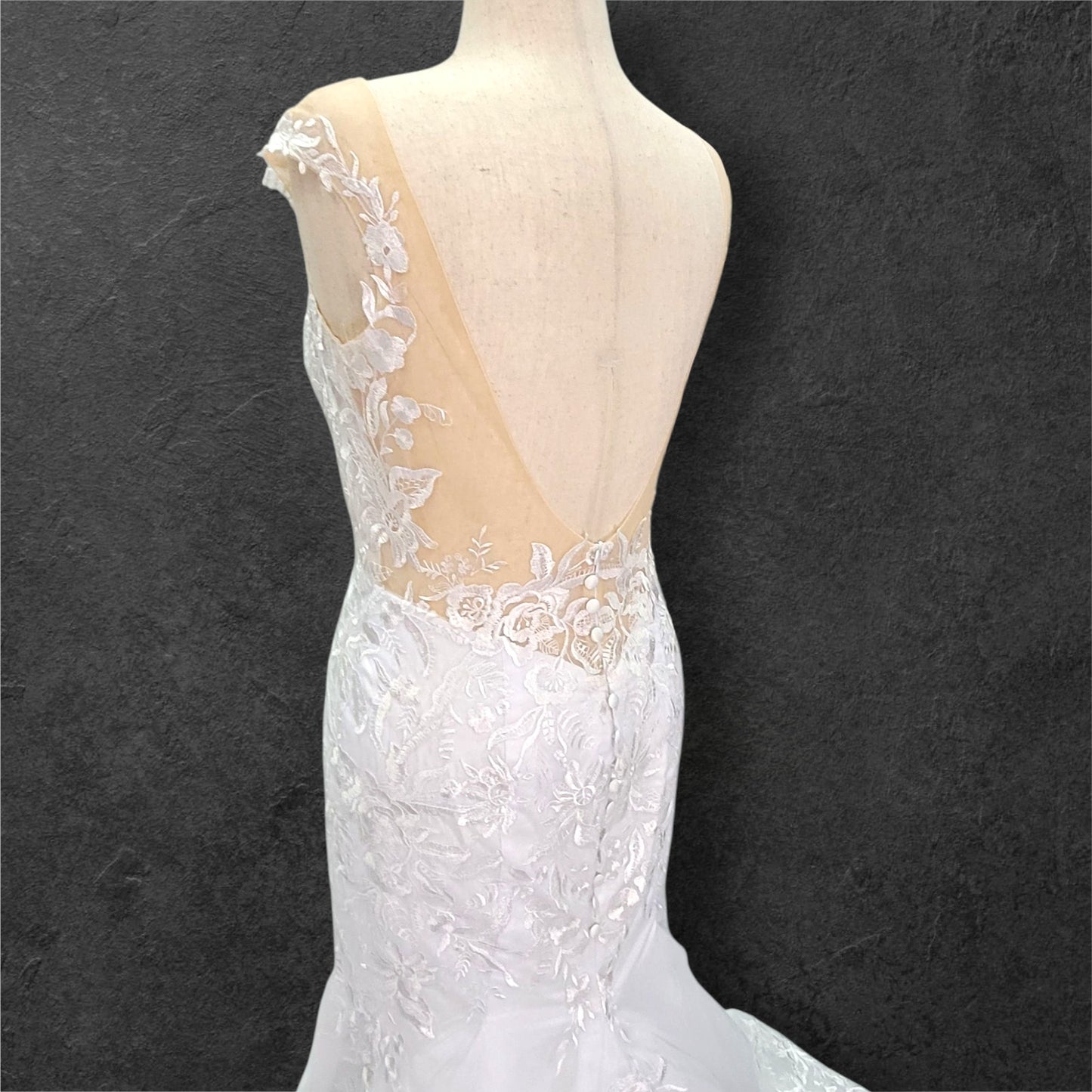 Fit n Flair Wedding Dress with Low Back and Mesh Cap Sleeves and Deep V Neck