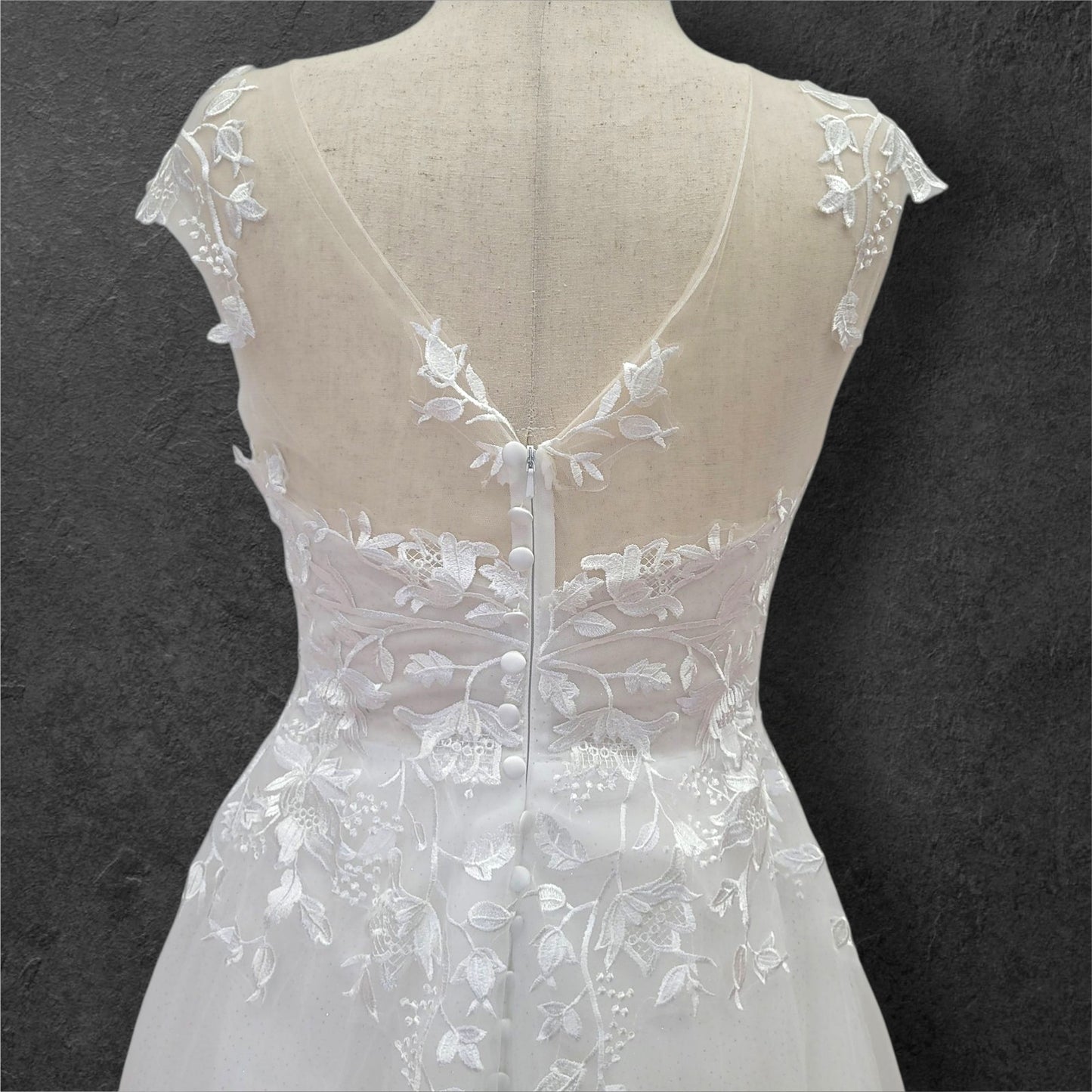 Cap Sleeve Wedding Dress with Floral Embroidery on Sparkle Fabric