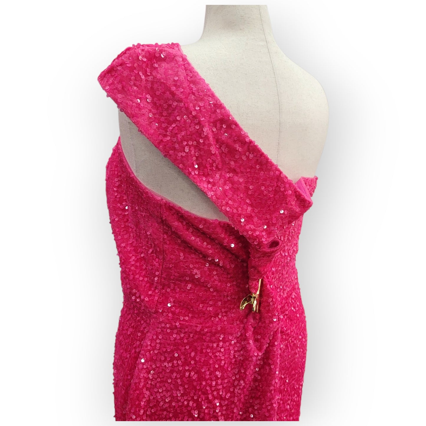 Fitted Hot Pink Sequin Gown with Asymmetric Shoulder Strap