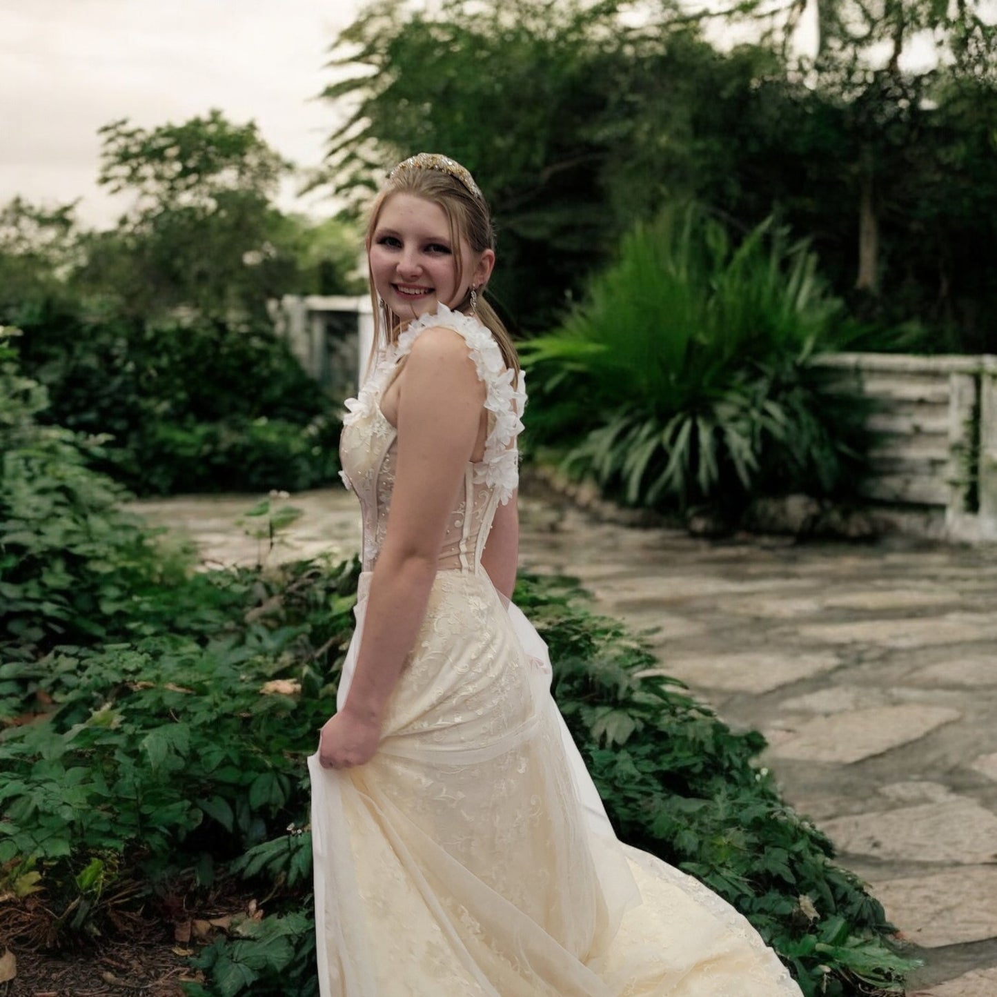 Champagne Floral Patterned Ballgown with White Flowers on Straps