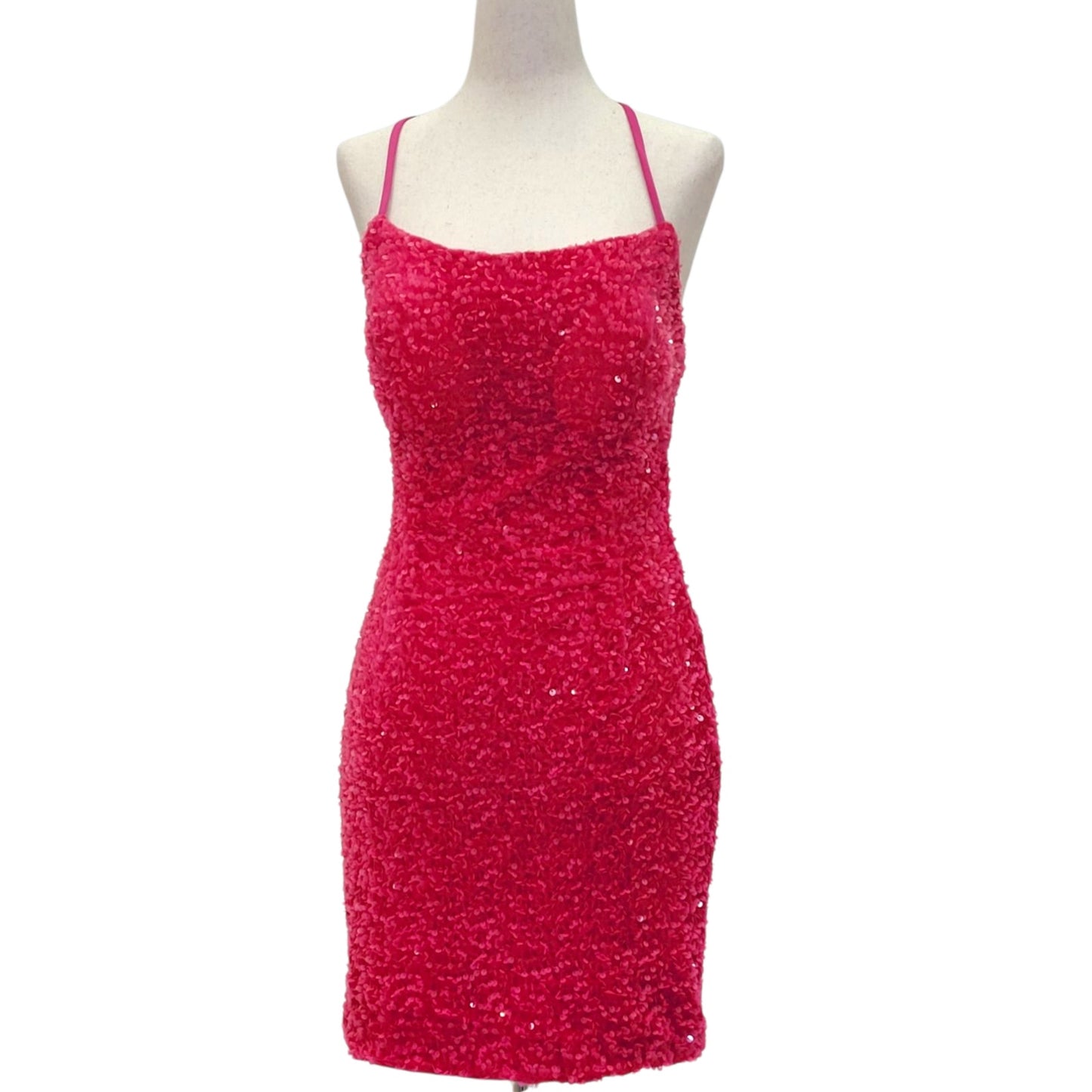 Women's Hot Pink Short Sequin Scoop Neck Corset Back Dress