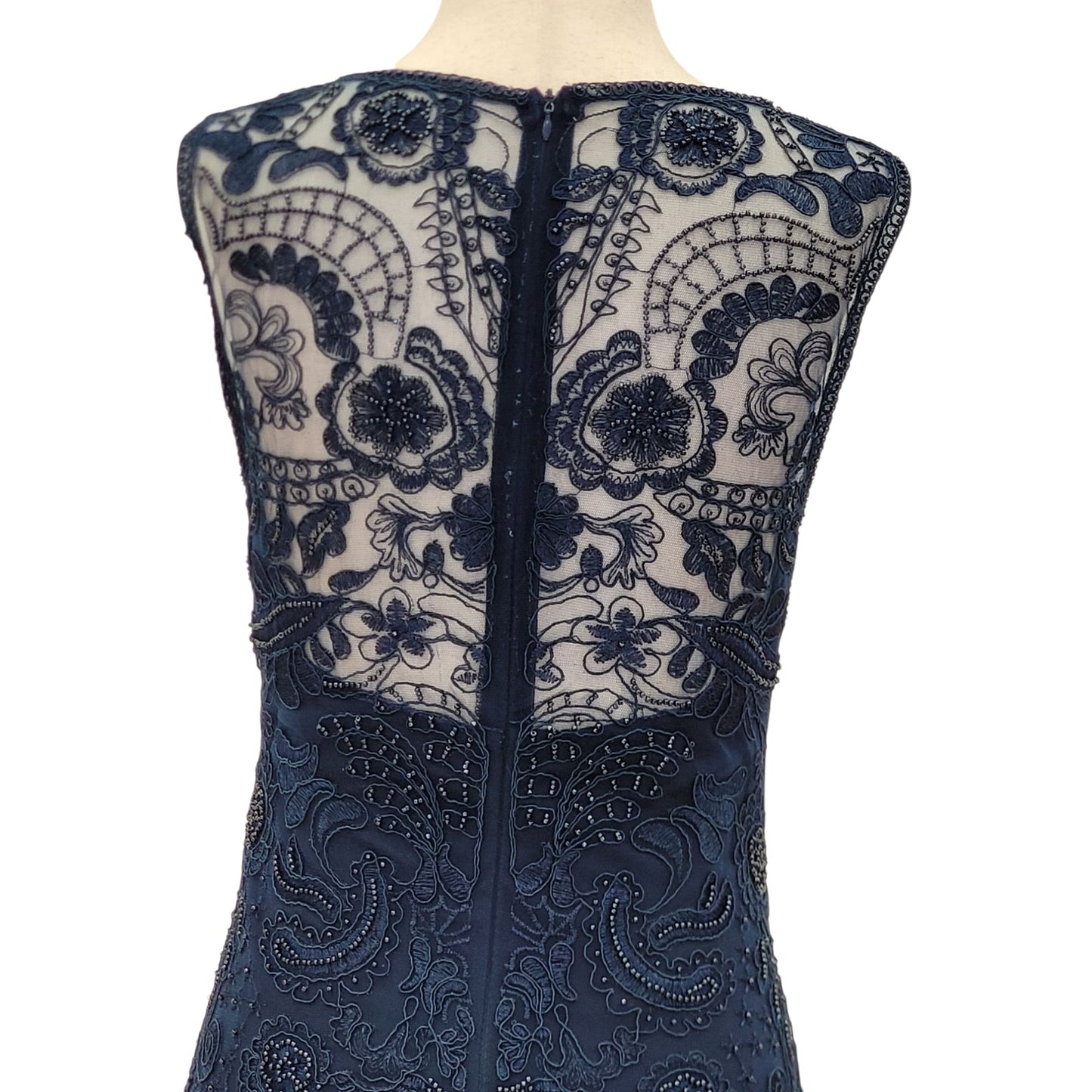 Navy Blue Scoop Neck Cocktail Dress with Beautiful Detailed Bead Overlay
