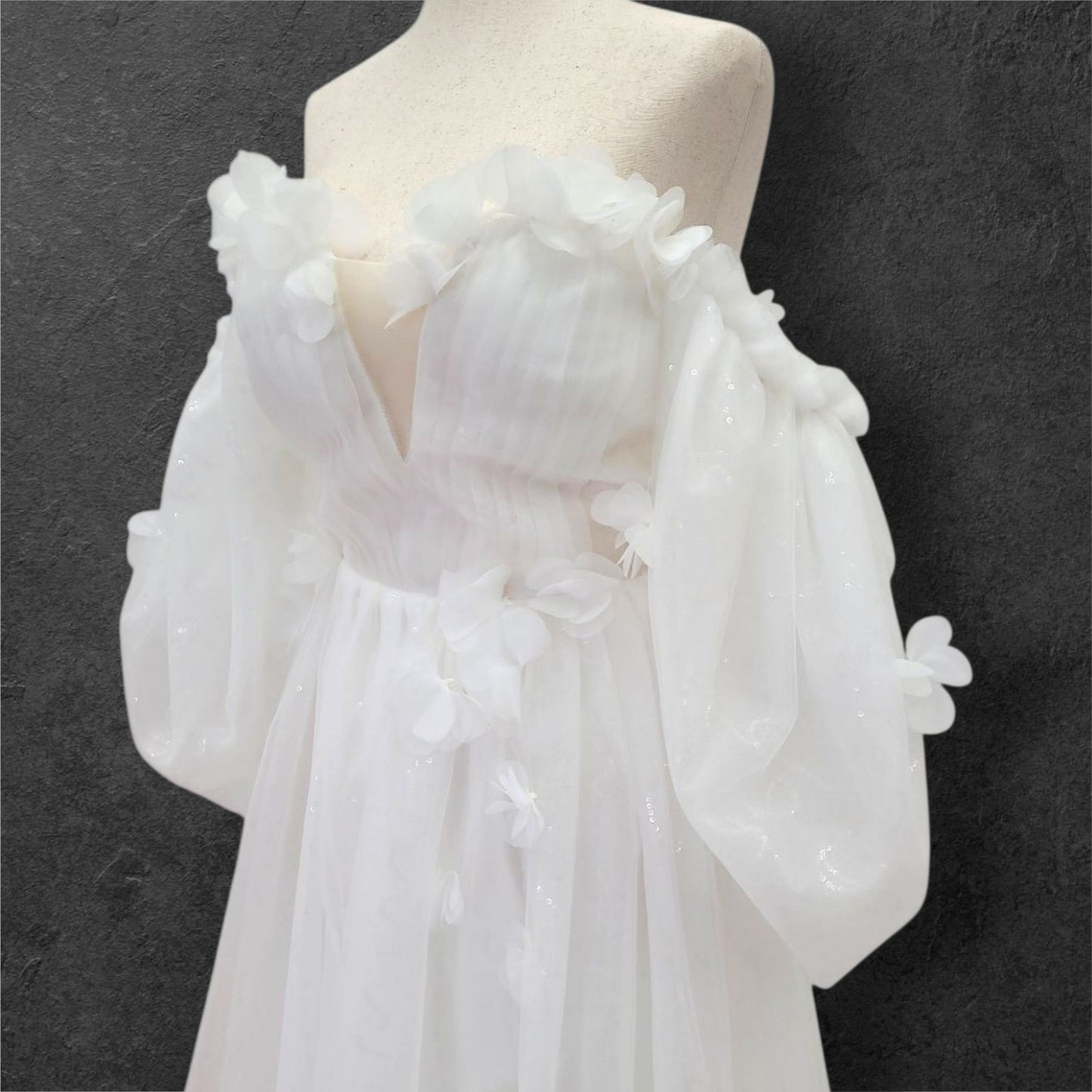 Tulle Ballgown with Puff Sleeves and Decorative Flowers