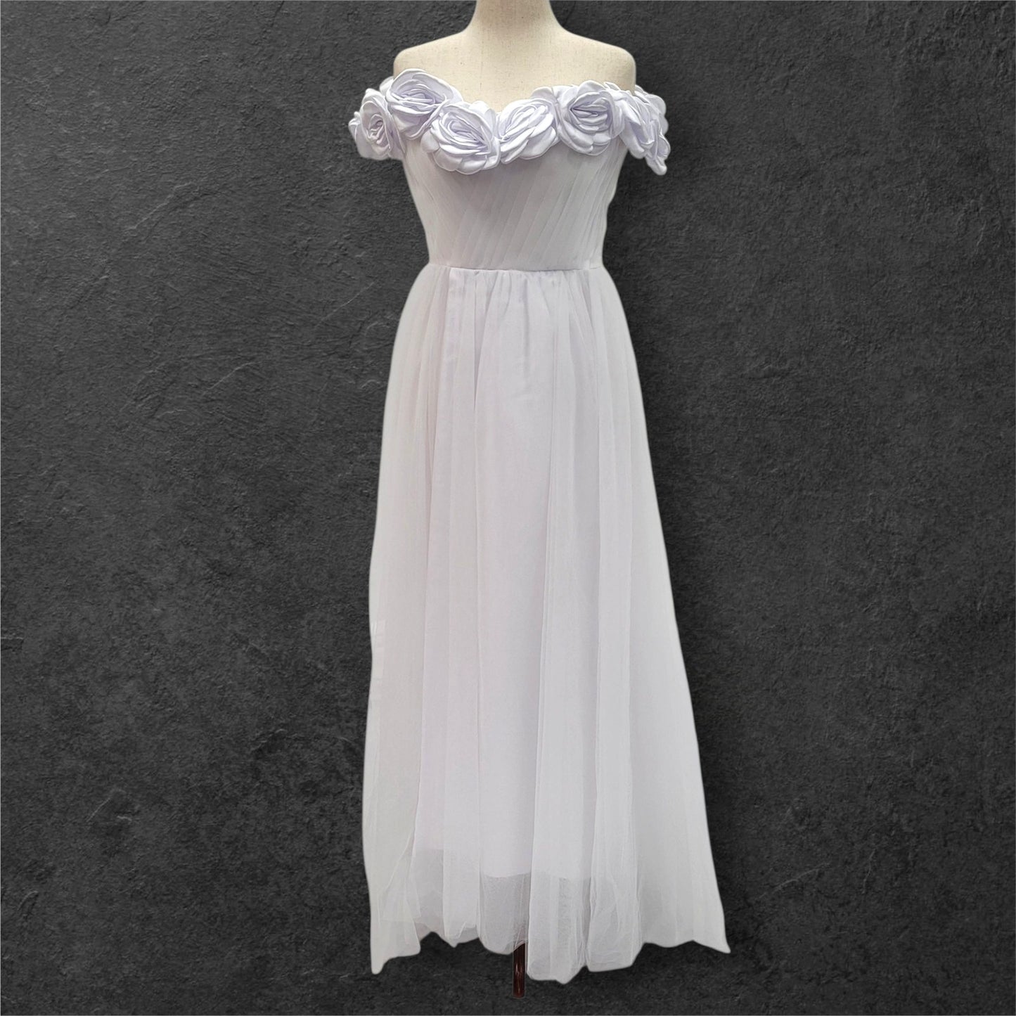 Rose Adorned Wedding Dress with Off Shoulder Sleeves and Corset Back