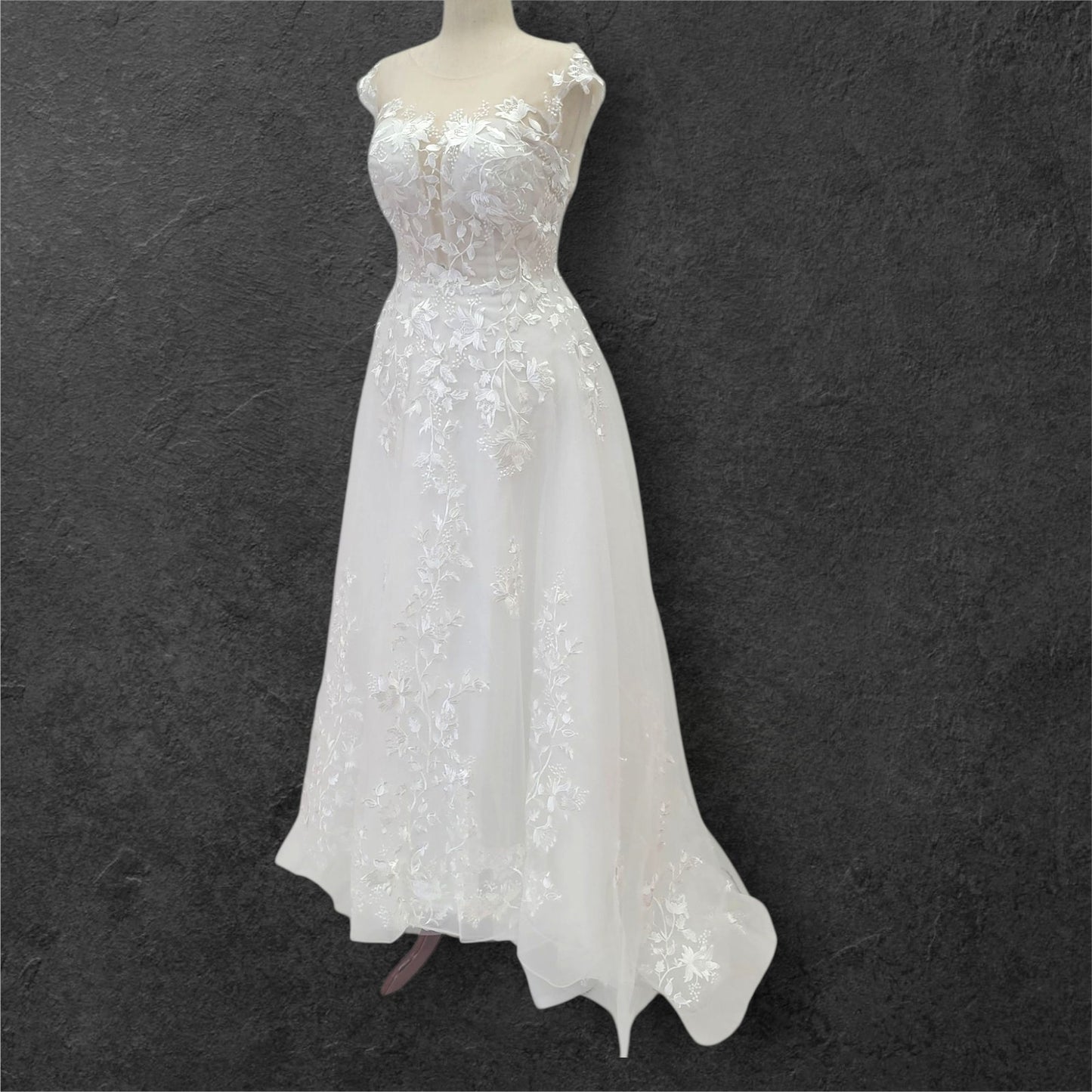 Cap Sleeve Wedding Dress with Floral Embroidery on Sparkle Fabric