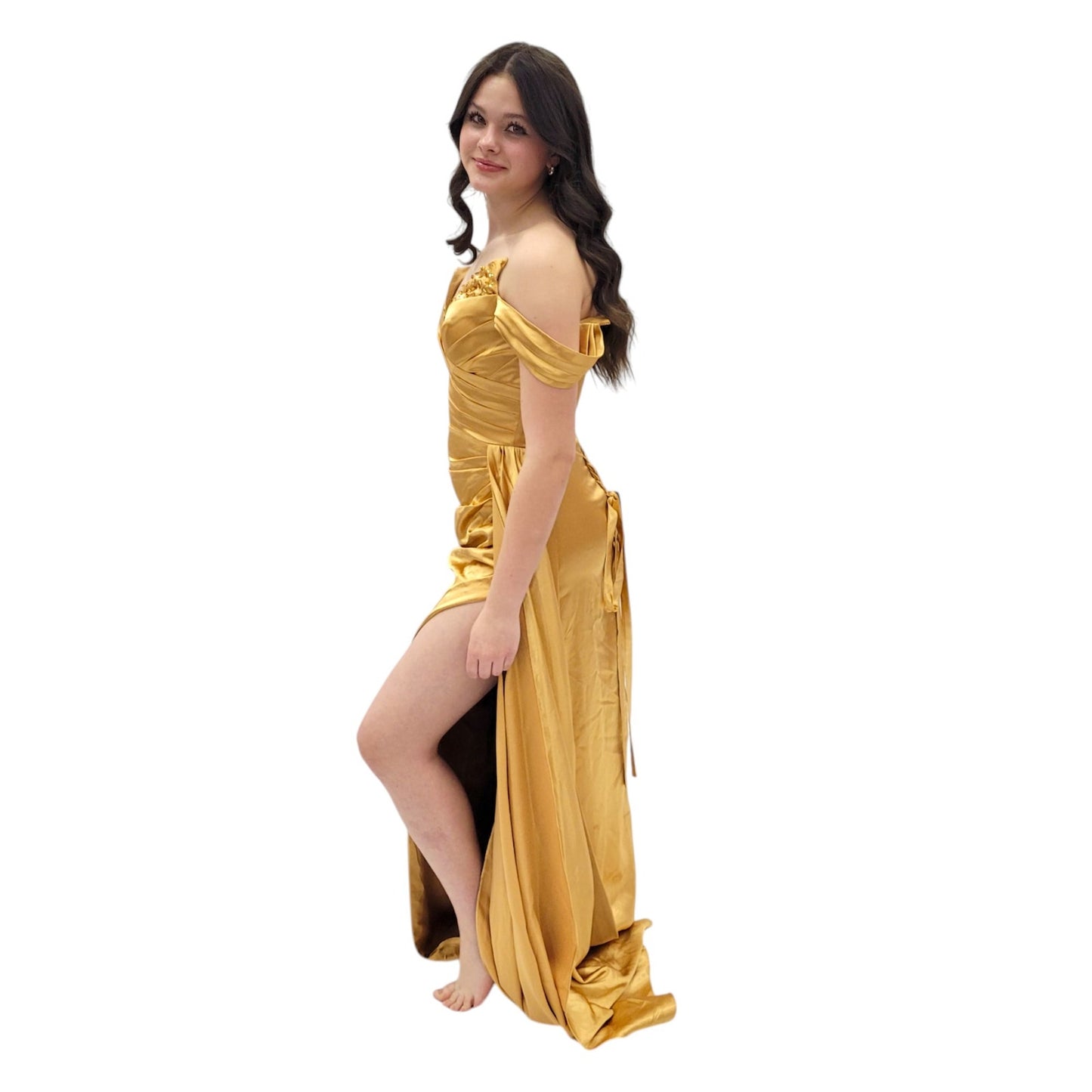 Off Shoulder Silky Satin Evening Gown and Detailed Wide V Neckline