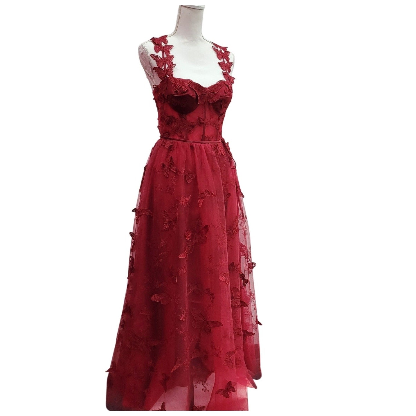 Women's Crimson Red Butterfly Dress with Corset Back