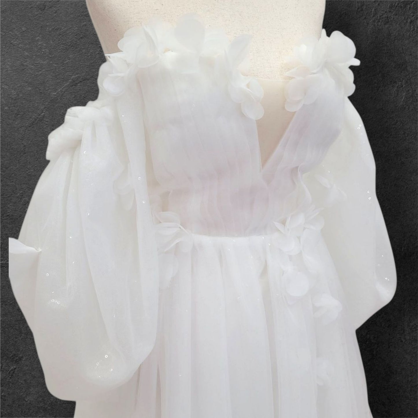 Tulle Ballgown with Puff Sleeves and Decorative Flowers