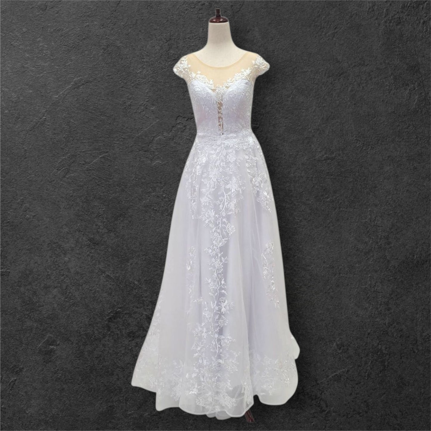 Deep V Neck Wedding Dress with Mesh Lace Cap Sleeves