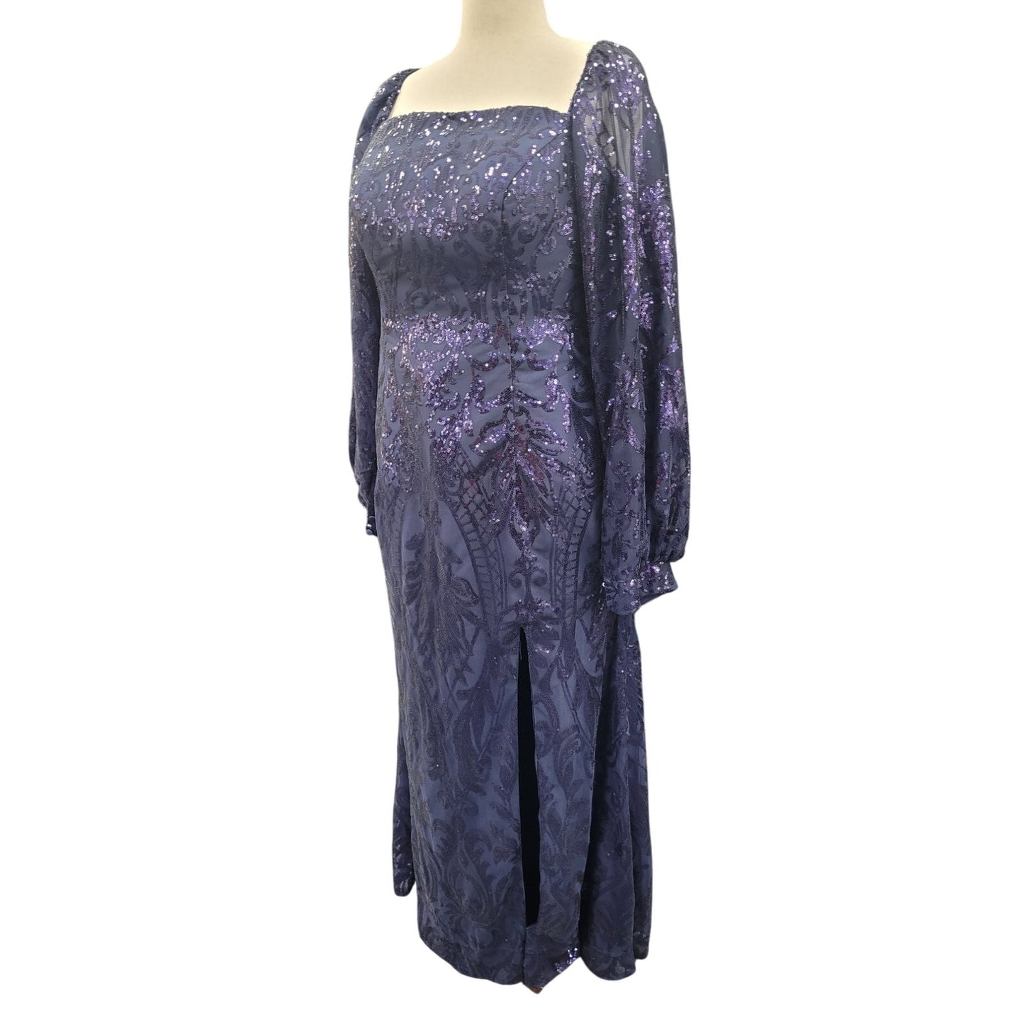 Long Sleeved Patterned Sequin Gown in Navy Blue