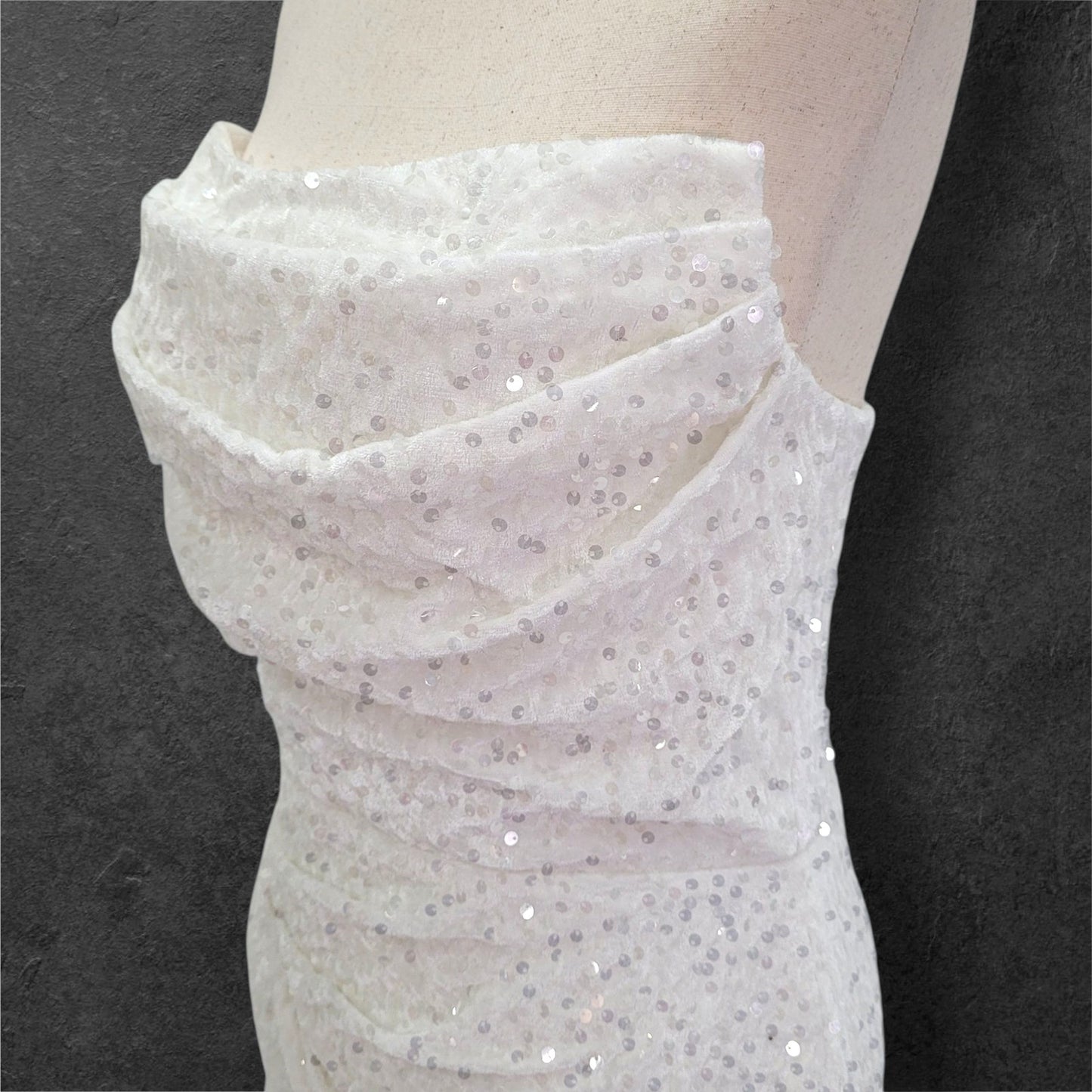 Strapless White Sequin Gown with Corset Back and Leg Slit