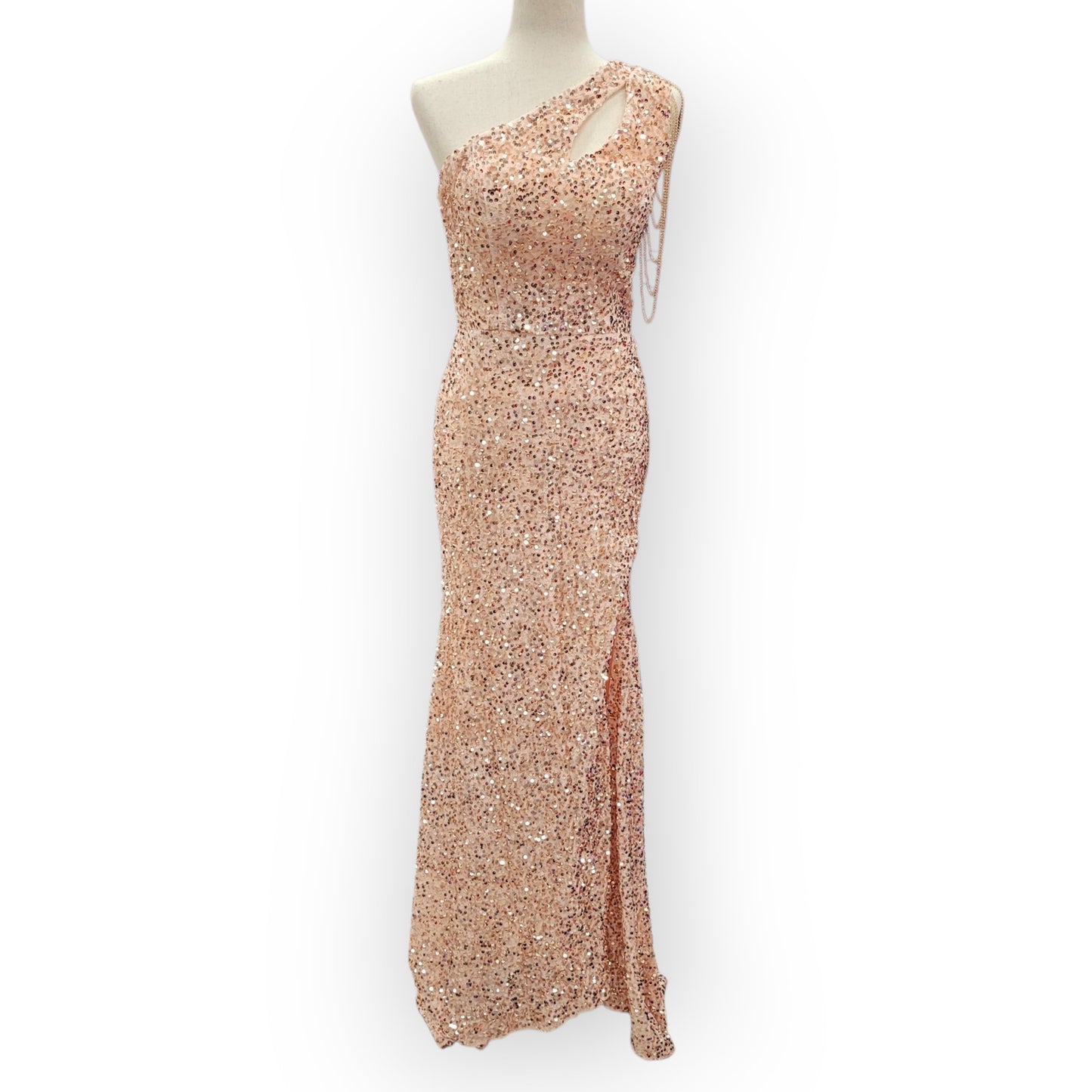 Rose Gold One Shoulder Cutout Sequin Gown with Train and Beaded Shoulder Overlay