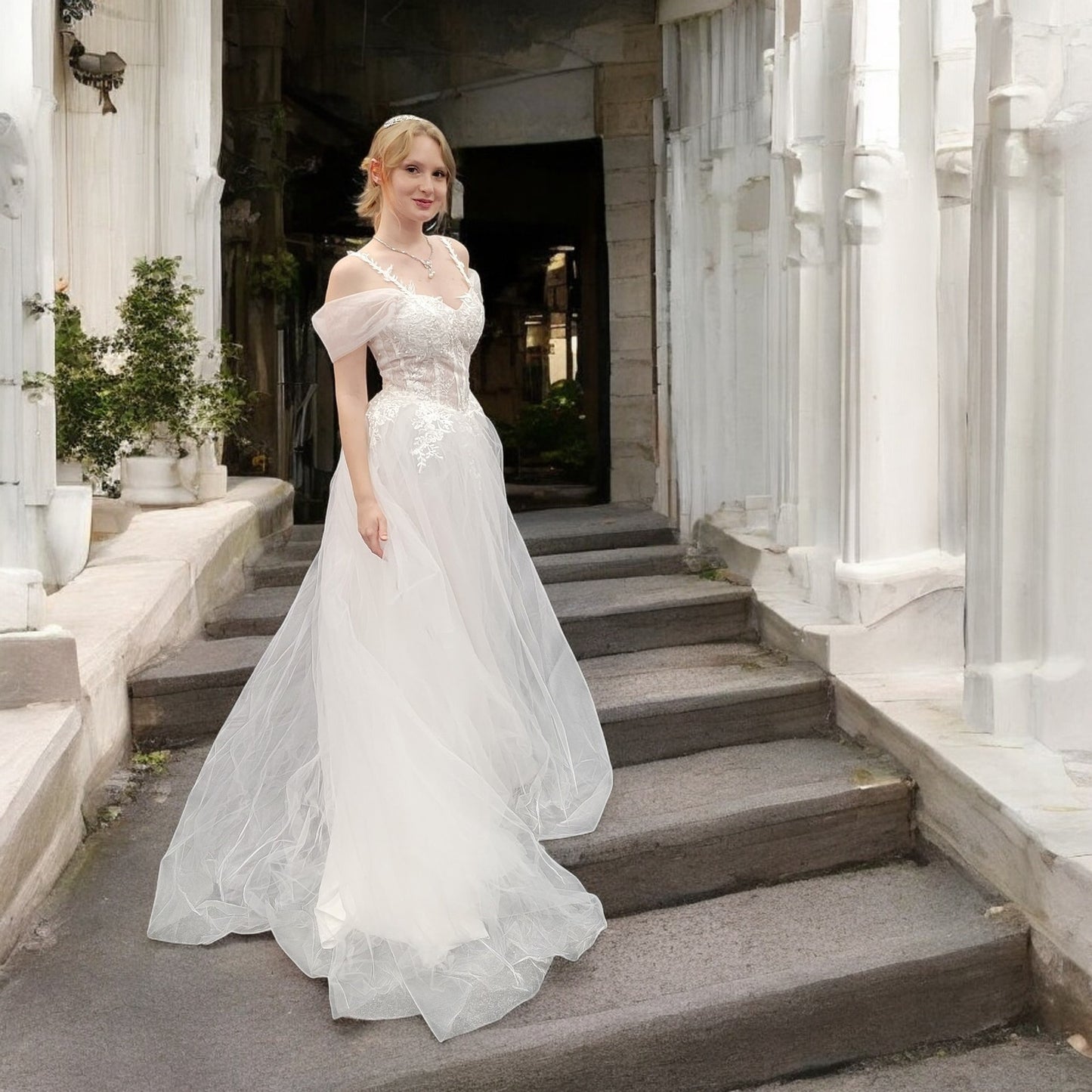 Tulle Off-Shoulder Ballgown Wedding Dress with Corset Boning