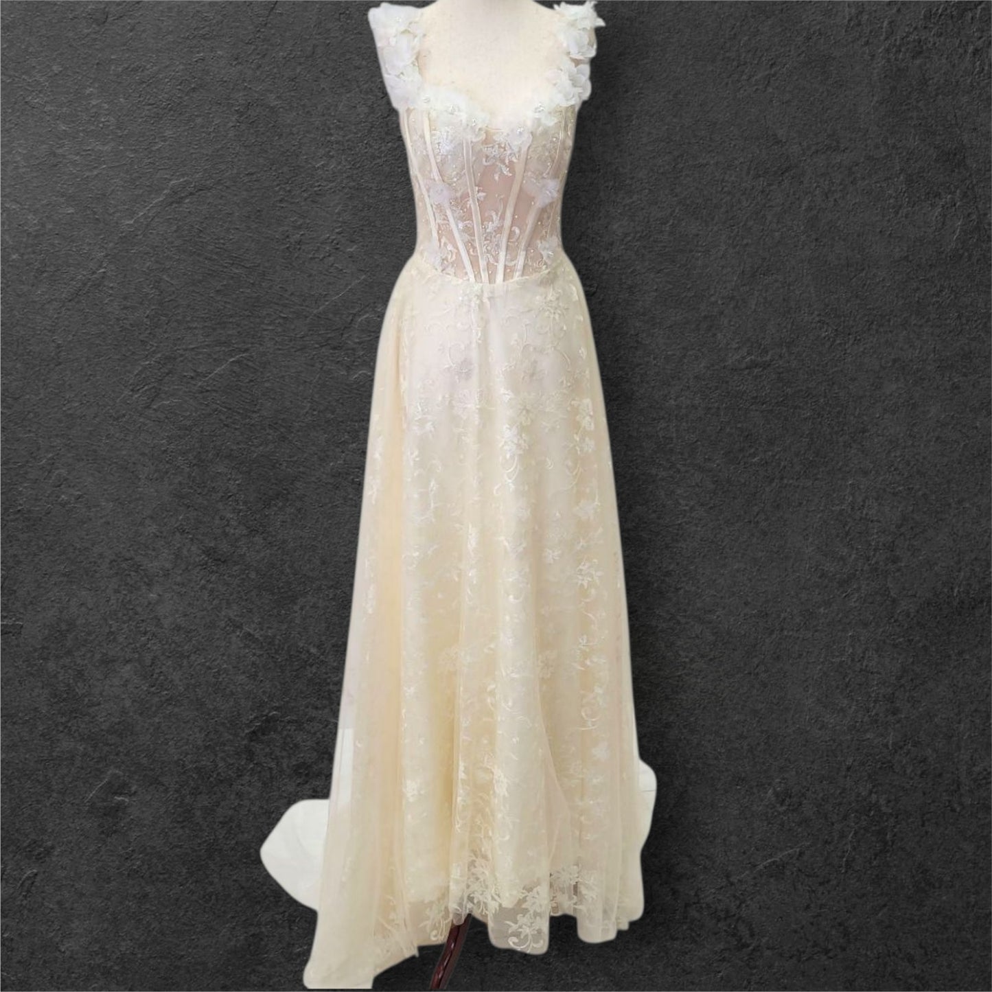 Champagne Floral Patterned Ballgown with White Flowers on Straps