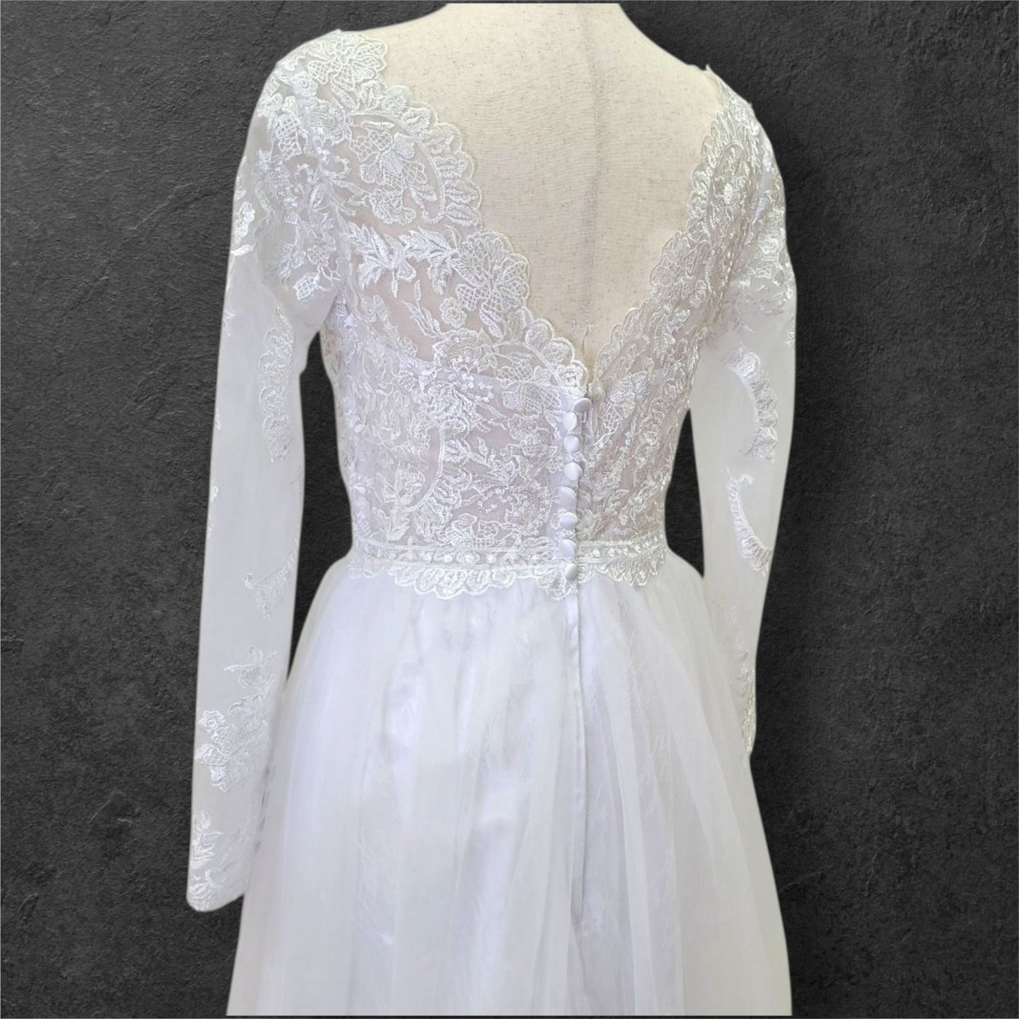 Long Sleeve A Line Tulle Wedding Dress with Fitted Lace Sleeves and Bodice
