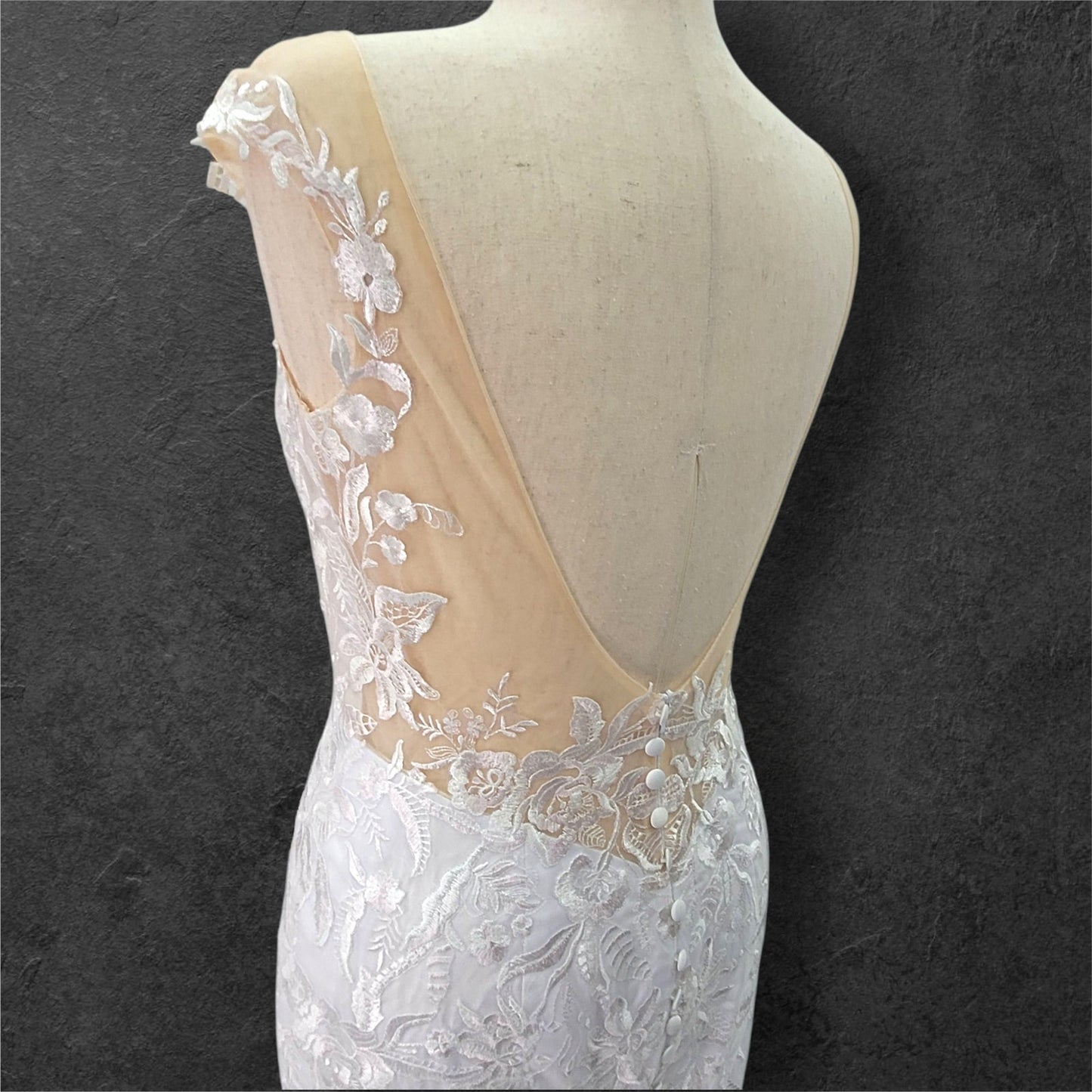 Fit n Flair Wedding Dress with Low Back and Mesh Cap Sleeves and Deep V Neck