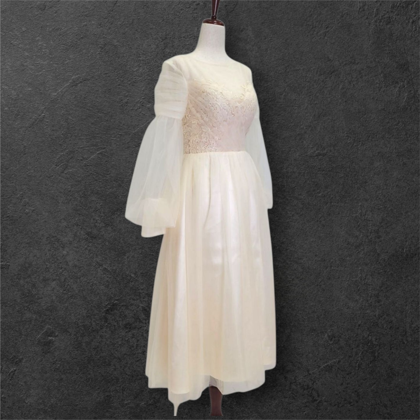 A Line Champagne Wedding Dress with Long Tulle Sleeves and Full Corset