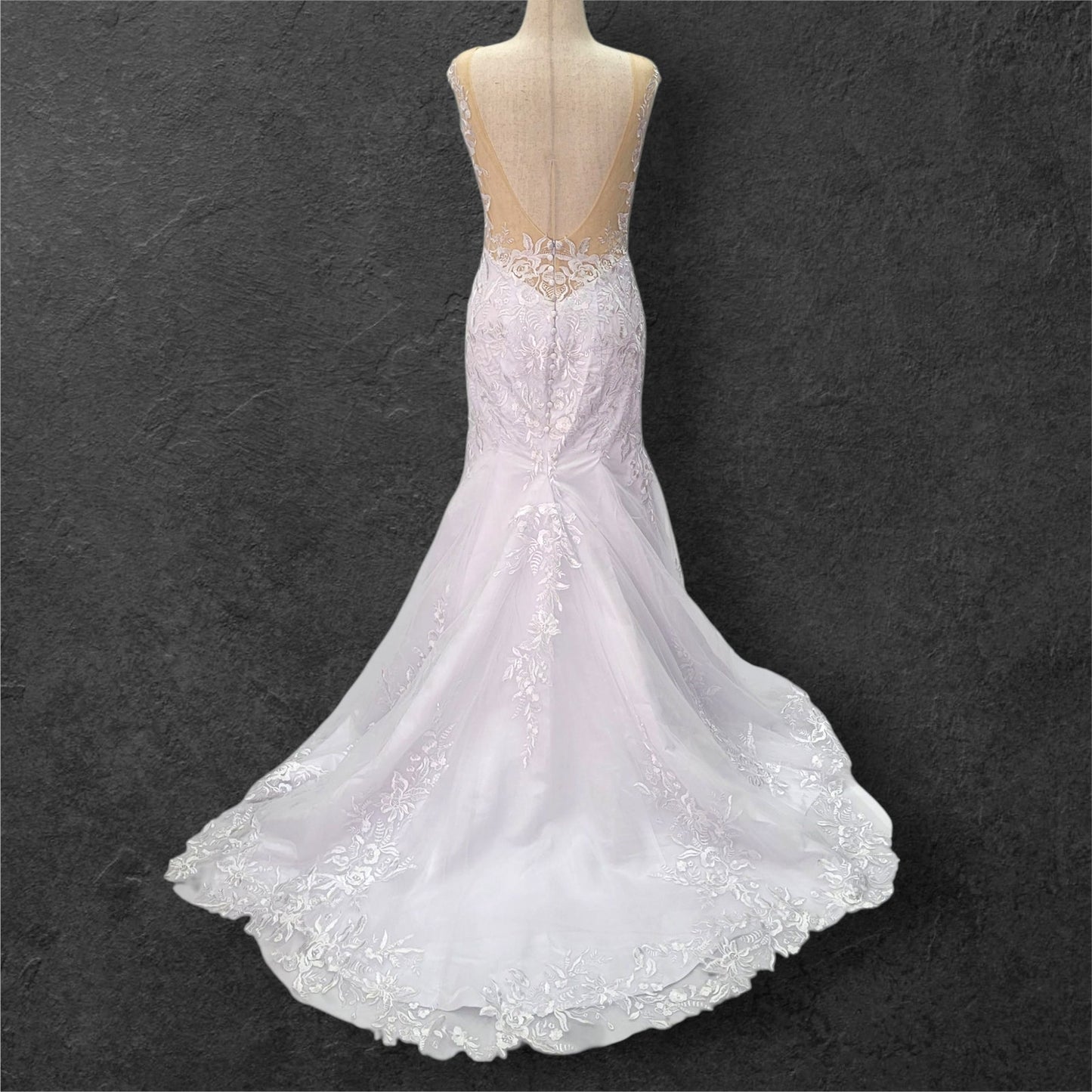 Fit n Flair Wedding Dress with Low Back and Mesh Cap Sleeves and Deep V Neck
