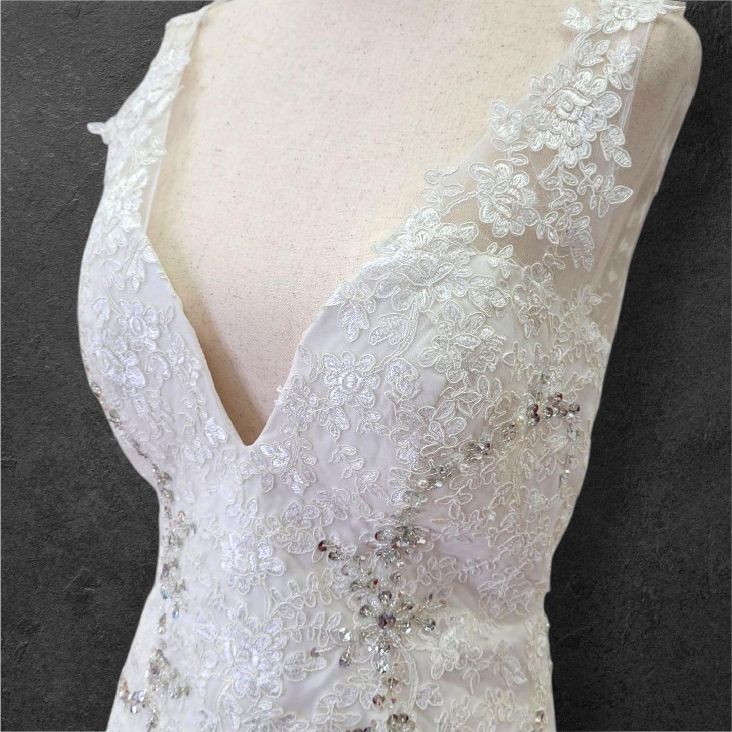 Detailed V Neck Wedding Dress with Silver Sequin Design