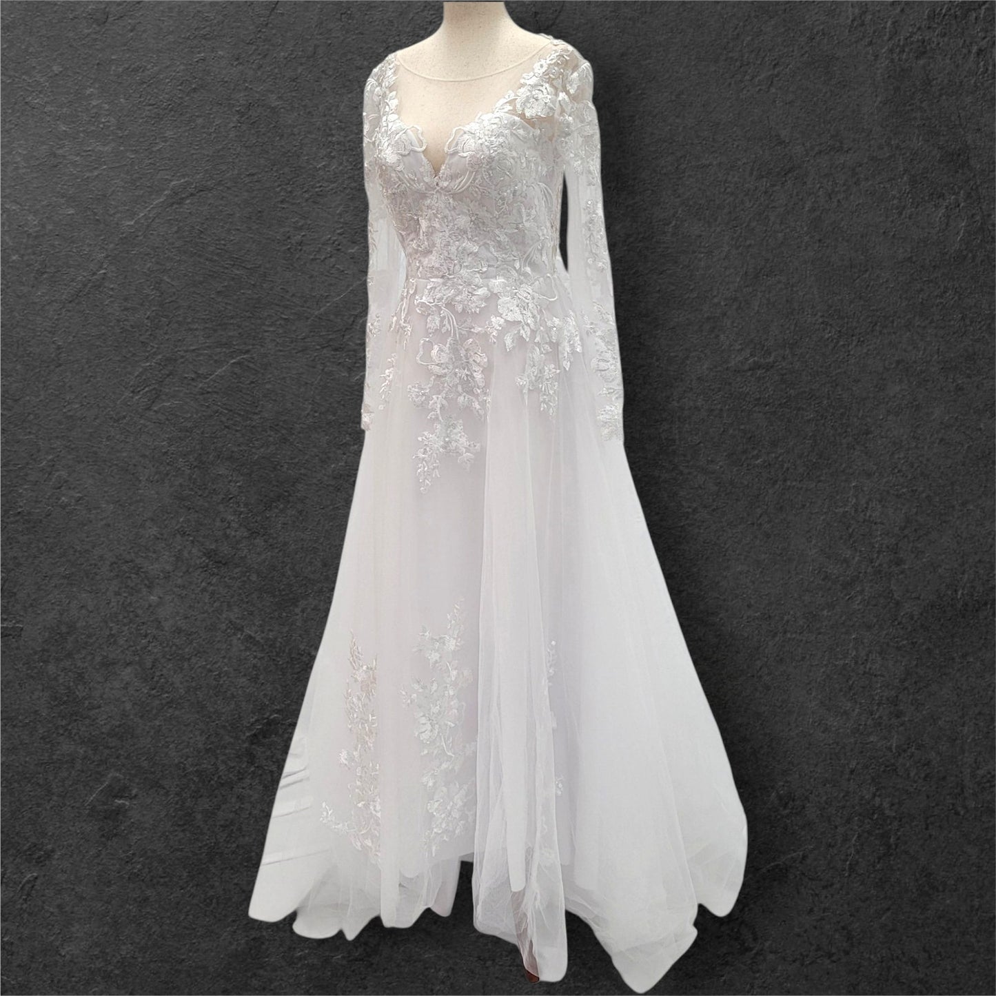 Long Sleeve Tulle Wedding Dress with Sheer Mesh Back with Floral Appliques