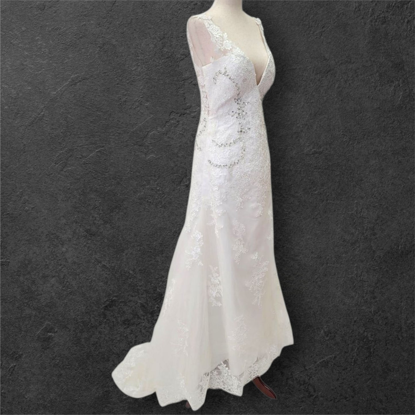 Detailed V Neck Wedding Dress with Silver Sequin Design