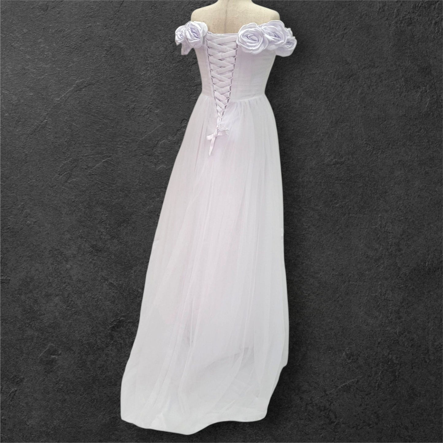 Rose Adorned Wedding Dress with Off Shoulder Sleeves and Corset Back
