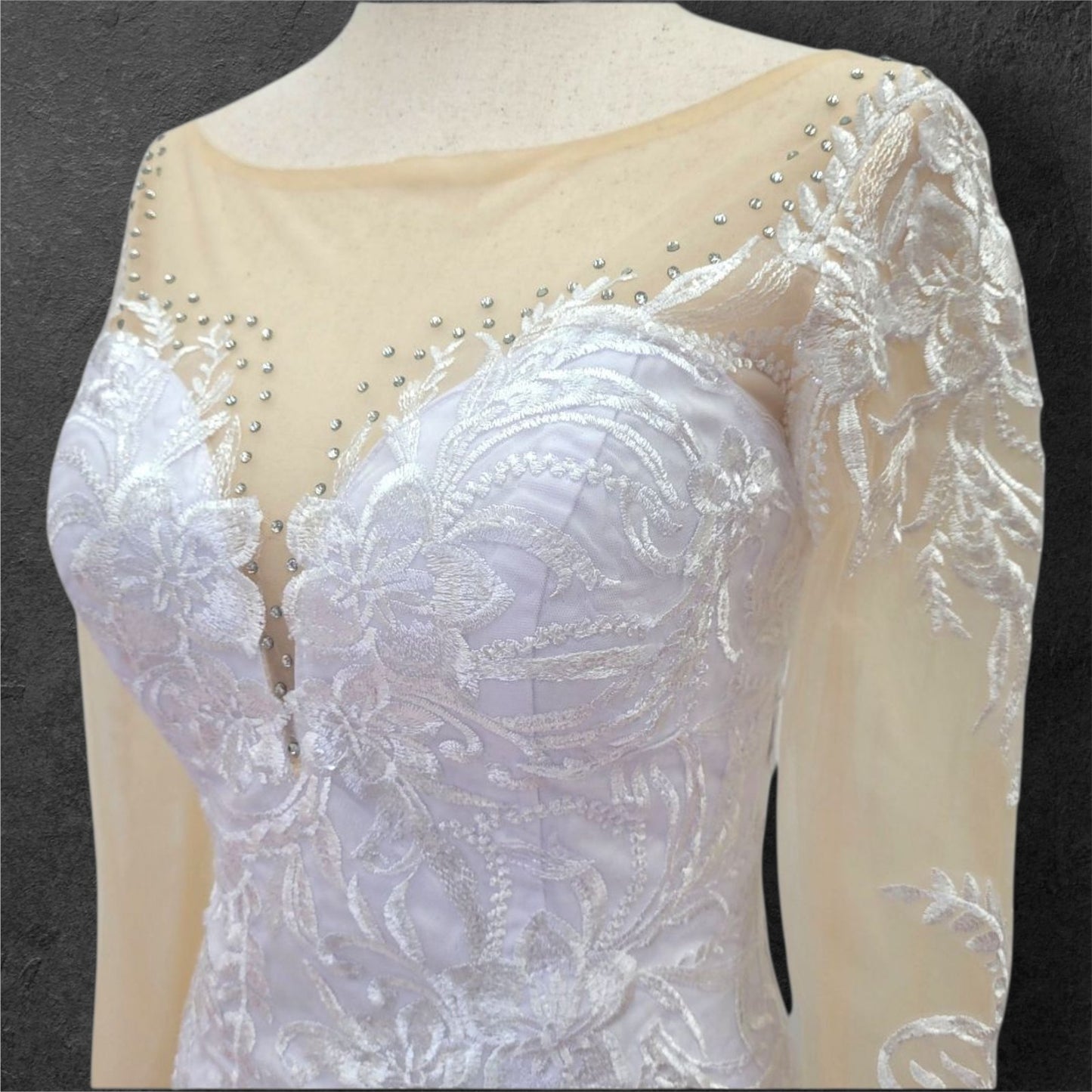 Fitted V Neck Wedding Dress with Long Mesh Sleeves with Lace