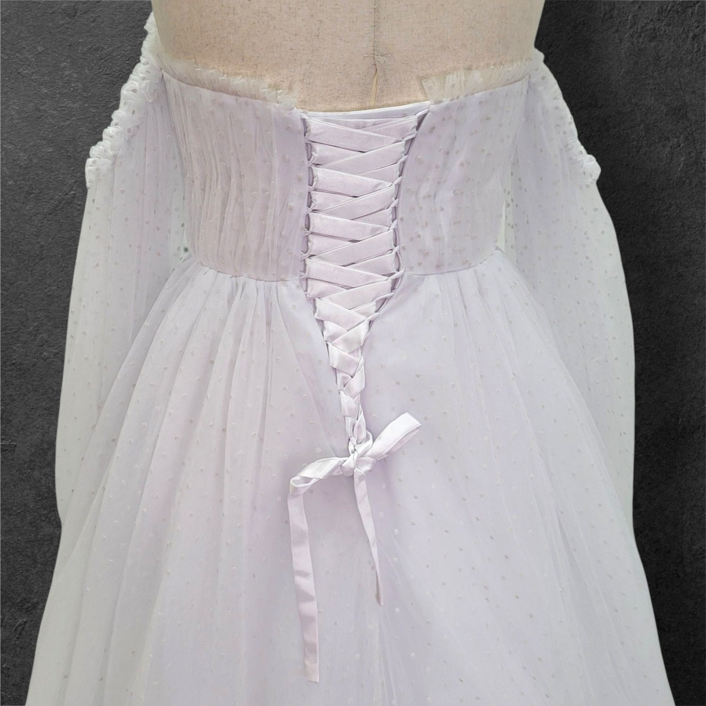 Fun Polka Dot Tulle Wedding Dress with Off Shoulder Sleeves