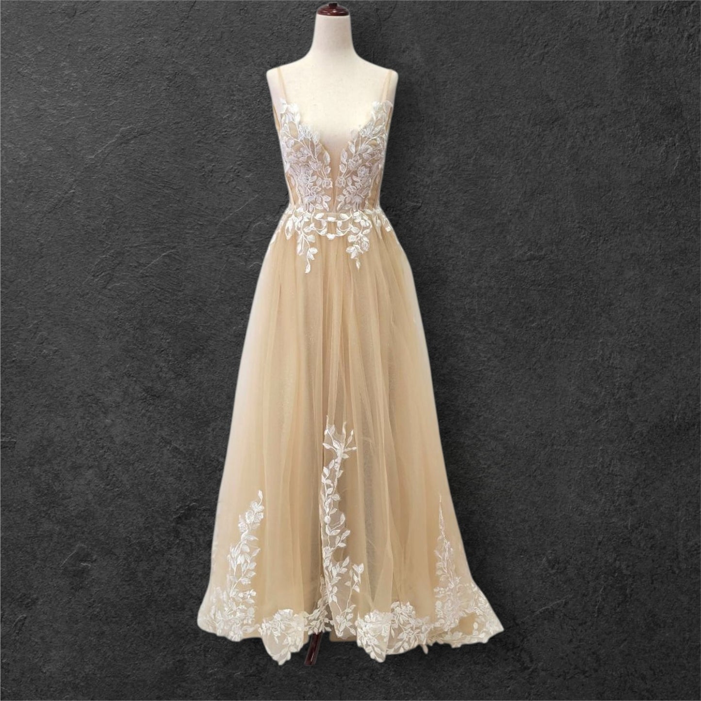 Beige Ballgown Wedding Dress with White Floral Appliques