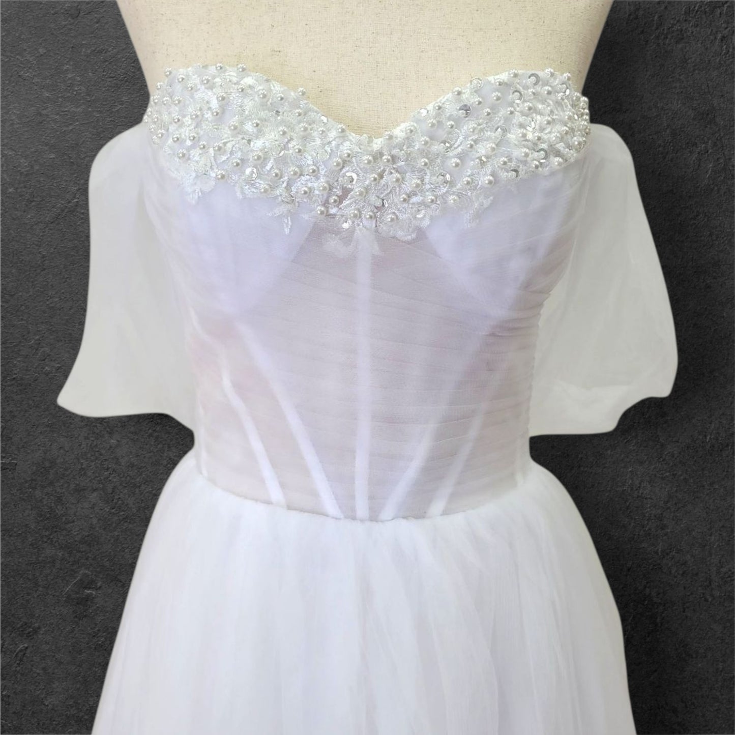 Tulle A Line Wedding Dress with Pearl Design on Bust and Full Corset Back
