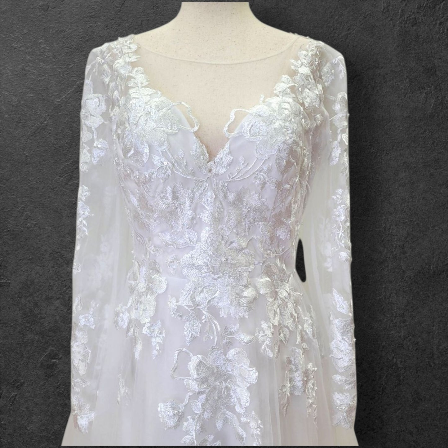 A Line Wedding Gown with Fitted Mesh Long Sleeves and Train with Floral Appliques