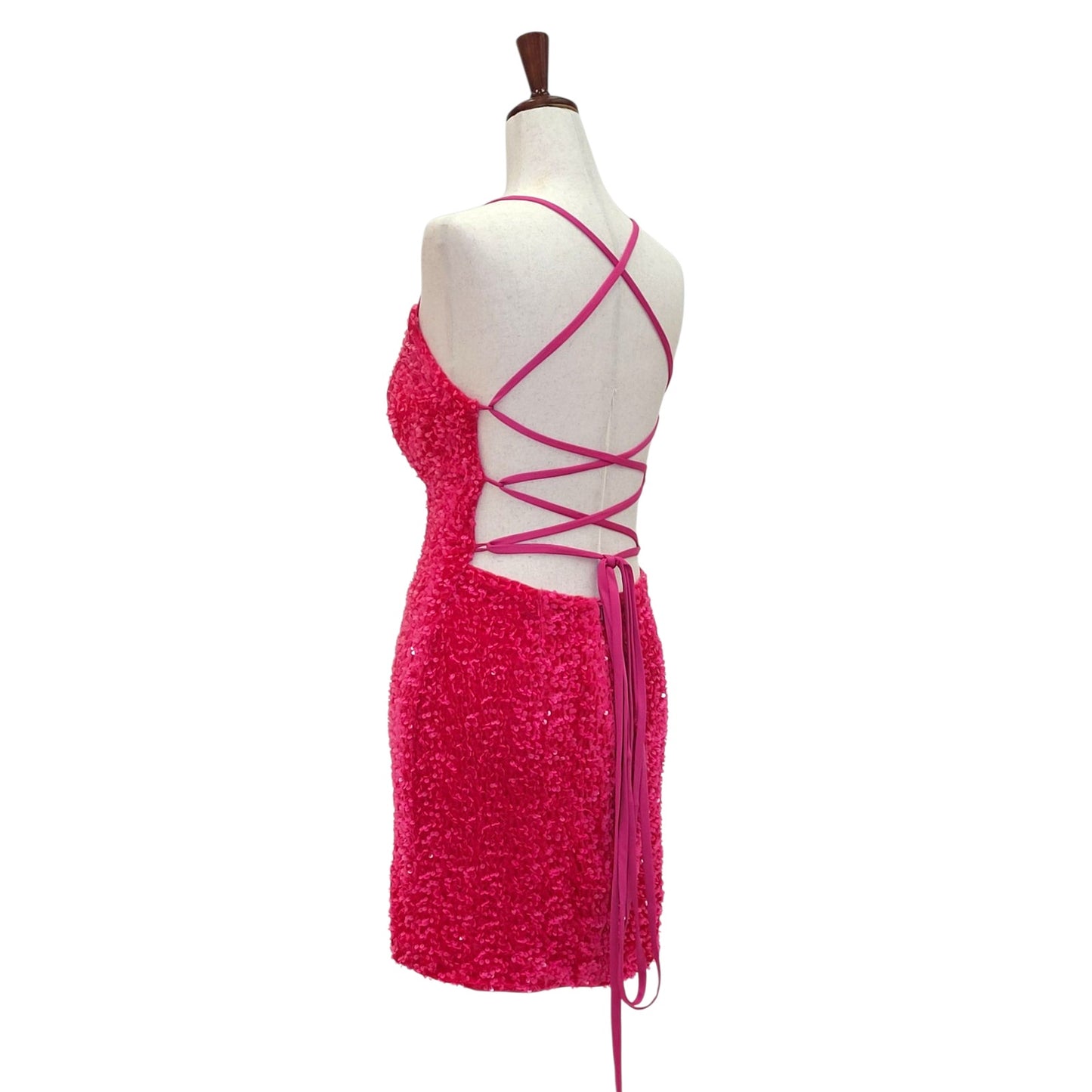 Women's Hot Pink Short Sequin Scoop Neck Corset Back Dress