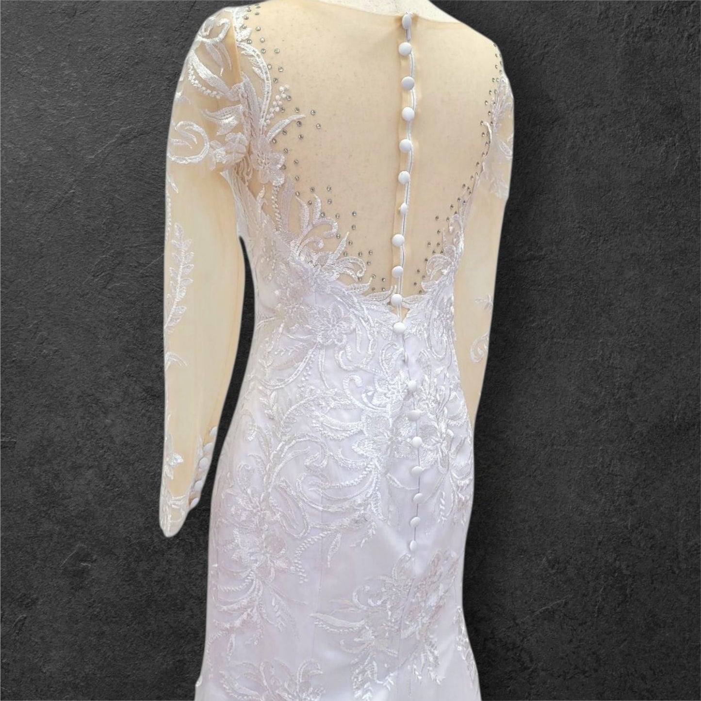 Fitted V Neck Wedding Dress with Long Mesh Sleeves with Lace