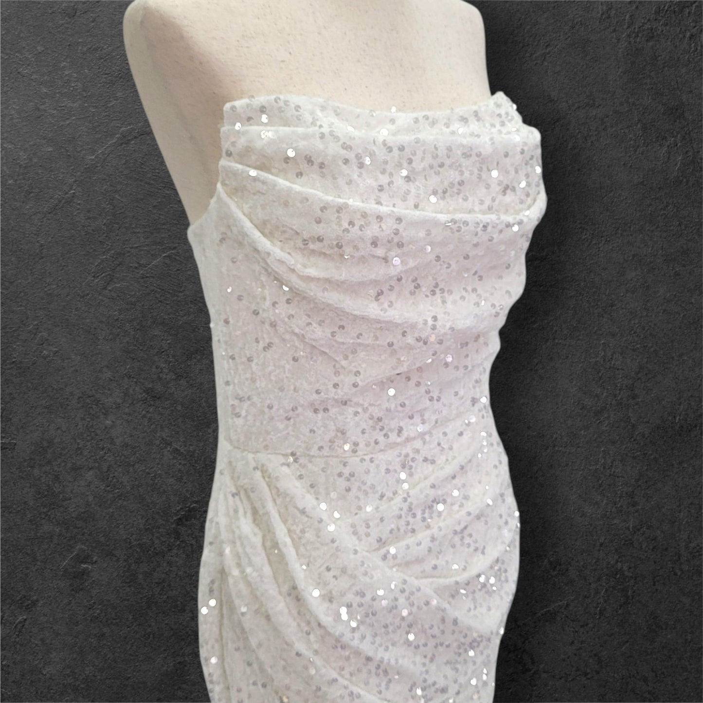 Strapless White Sequin Gown with Corset Back and Leg Slit