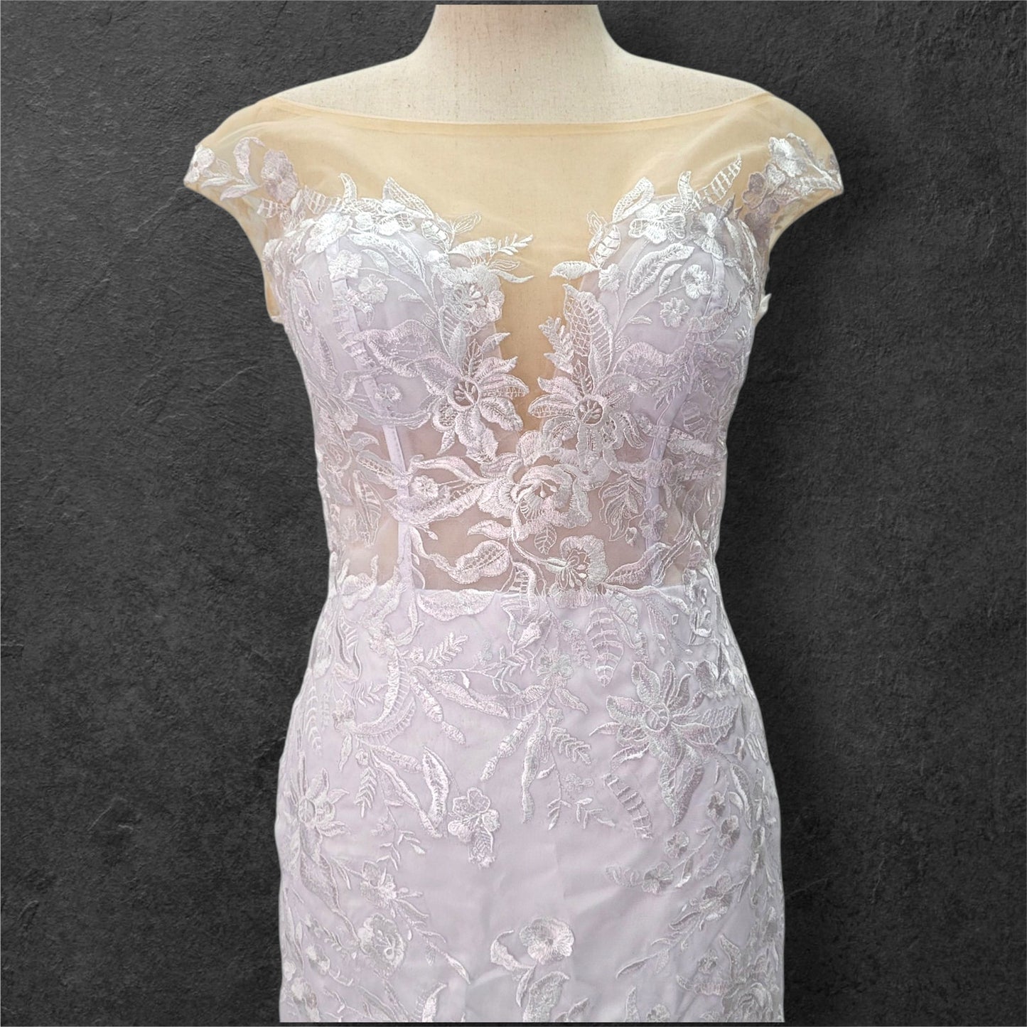 Fit n Flair Wedding Dress with Low Back and Mesh Cap Sleeves and Deep V Neck