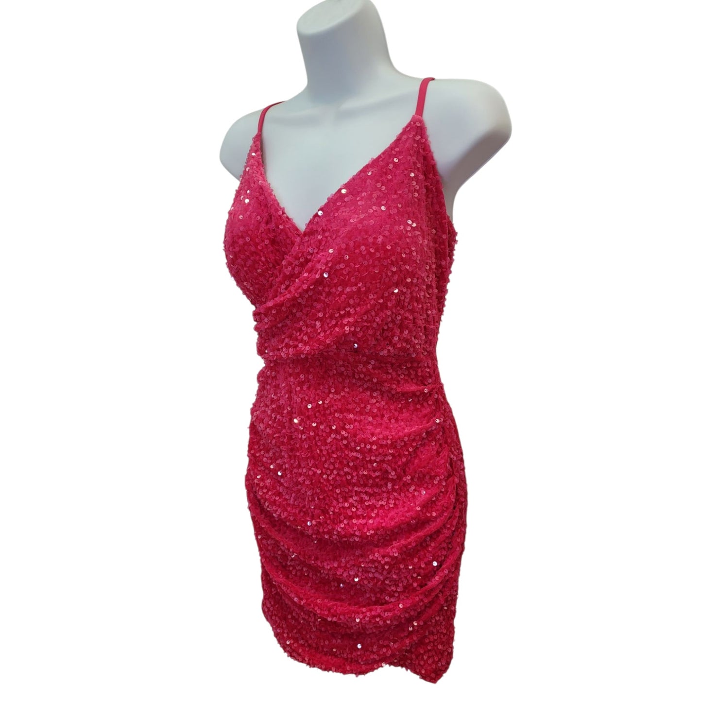 Women's Hot Pink Sequin Wrap Style Short Dress