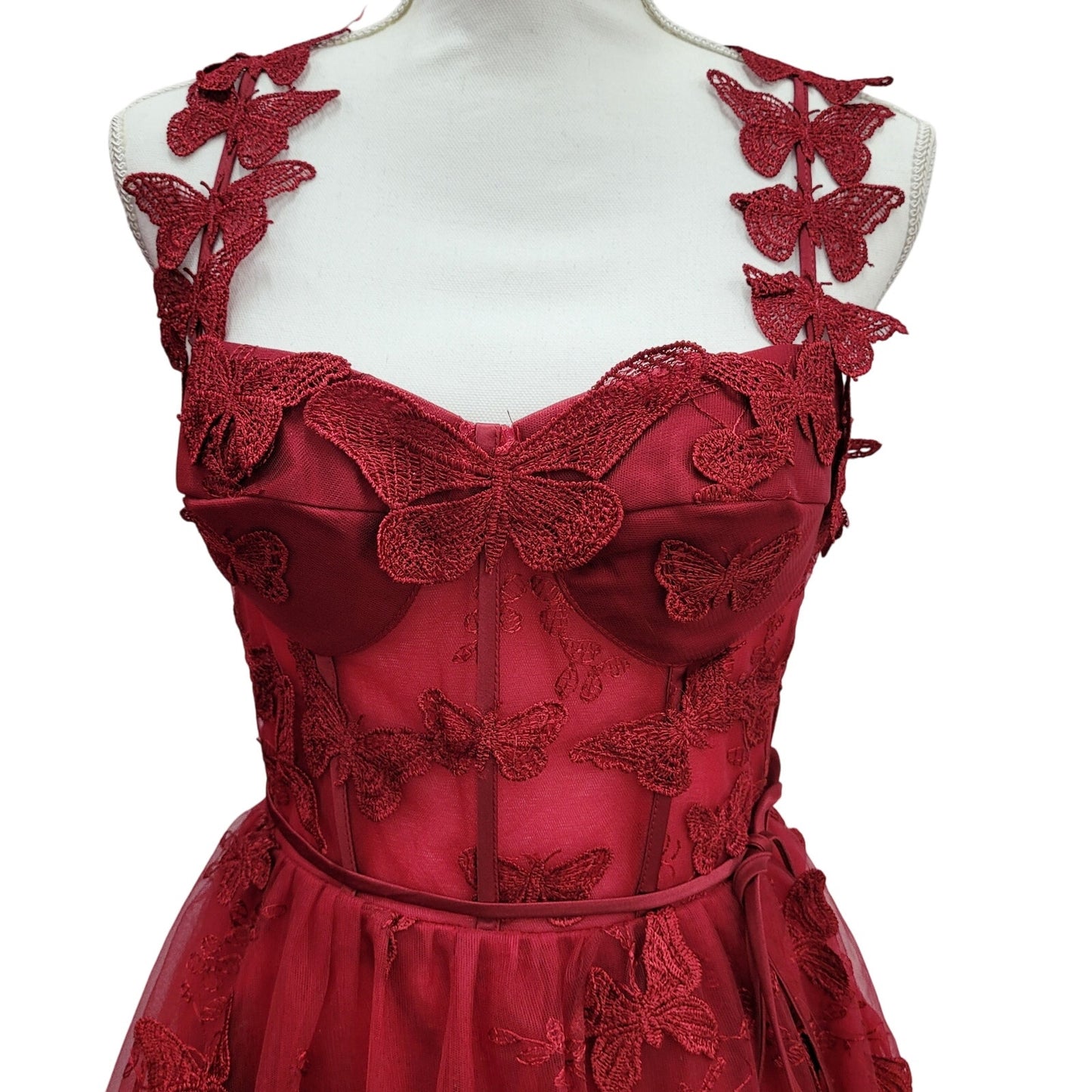 Women's Crimson Red Butterfly Dress with Corset Back