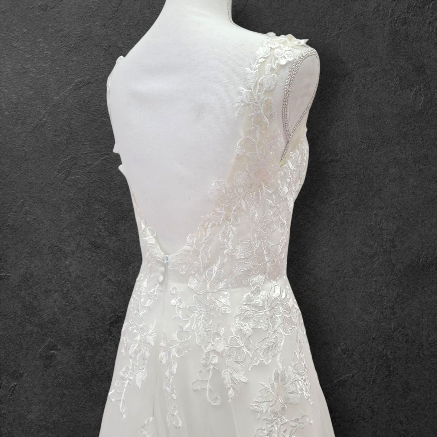 Detailed Low Back Wedding Dress with Train and Plunge V Neck