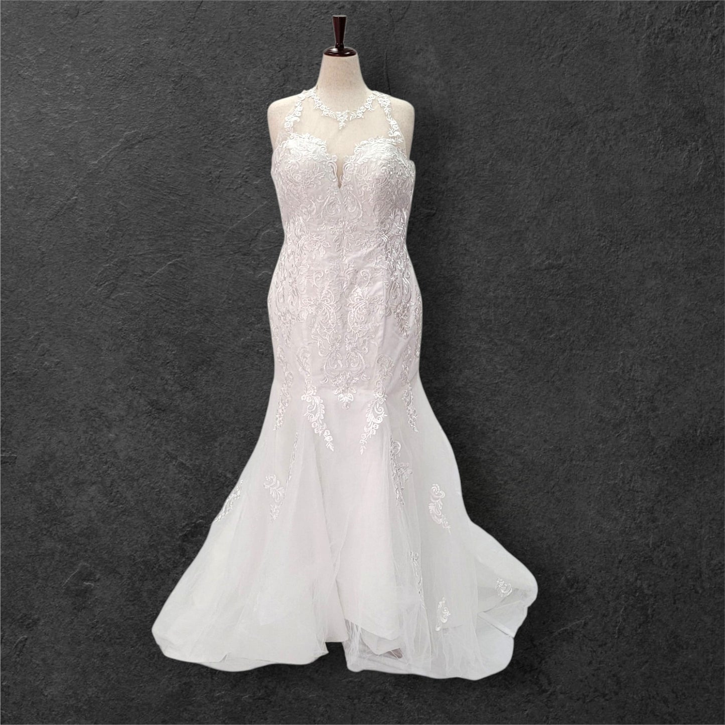 Halter Style Sleeveless Fit n Flair Wedding Dress with Sheer Mesh Back